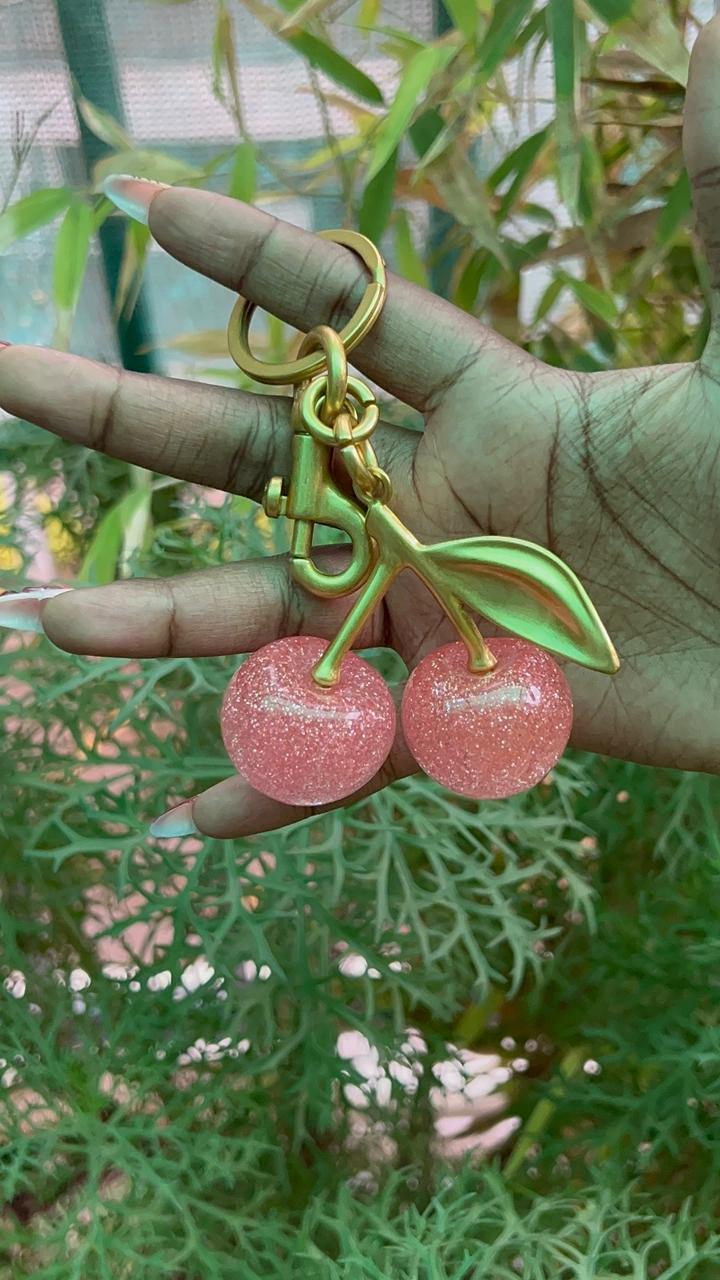 Pink Cherry Luxe Keychain – Soft Glitter Finish
