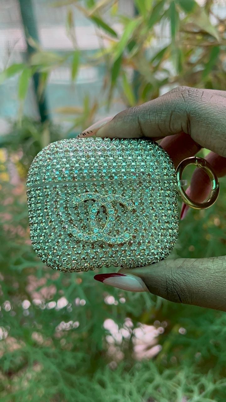 Crystal Luxe AirPods Case – Chanel Edition (Gold Rhinestone with CC Logo)
