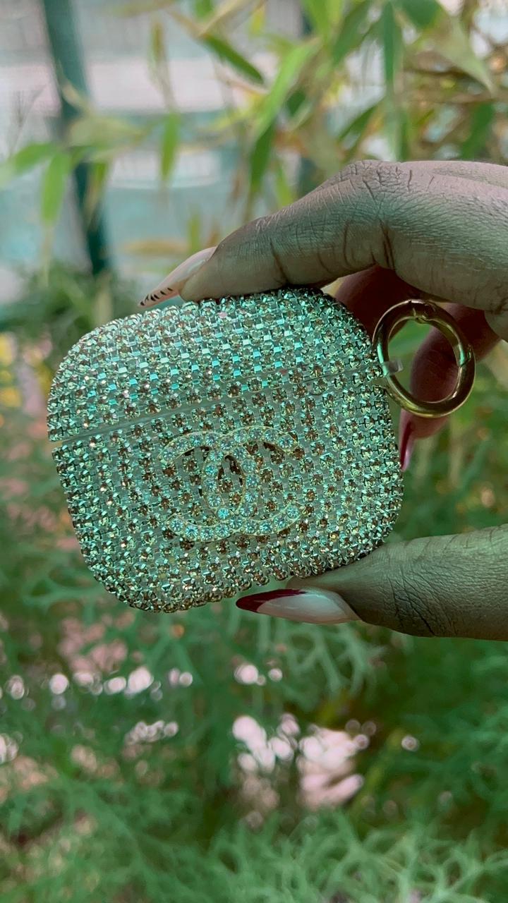 Crystal Luxe AirPods Case – Chanel Edition (Gold Rhinestone with CC Logo)