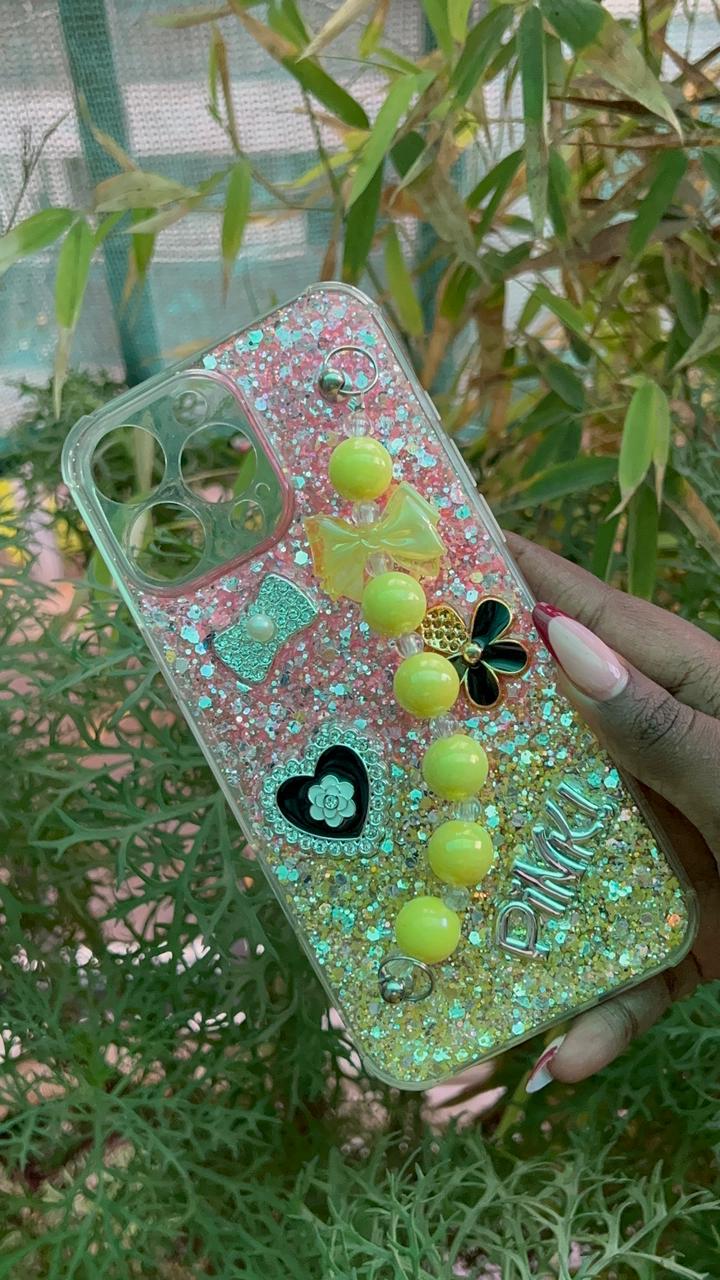 Pink Sparkle Bead Strap Case – iPhone 16 Pro Max (Glitter Gradient with Yellow Beads)