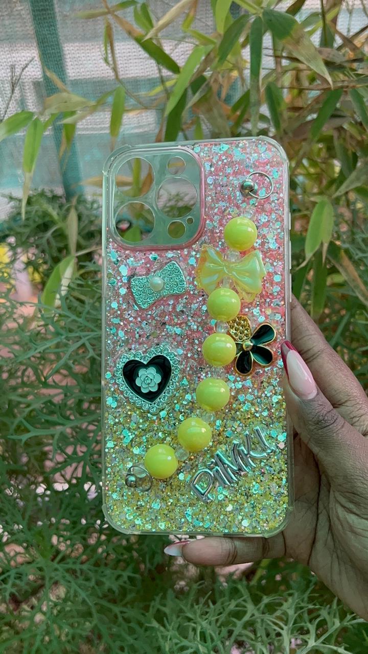Pink Sparkle Bead Strap Case – iPhone 16 Pro Max (Glitter Gradient with Yellow Beads)