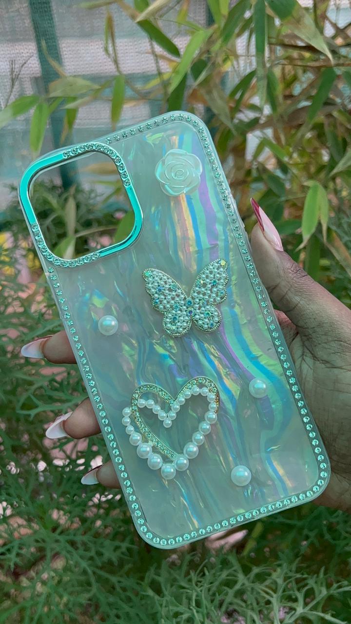 Pearl Heart Butterfly Case – iPhone 13 Pro Max (Iridescent White with Crystal Accents)