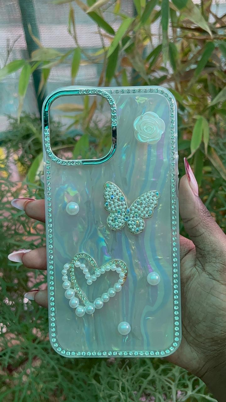 Pearl Heart Butterfly Case – iPhone 13 Pro Max (Iridescent White with Crystal Accents)