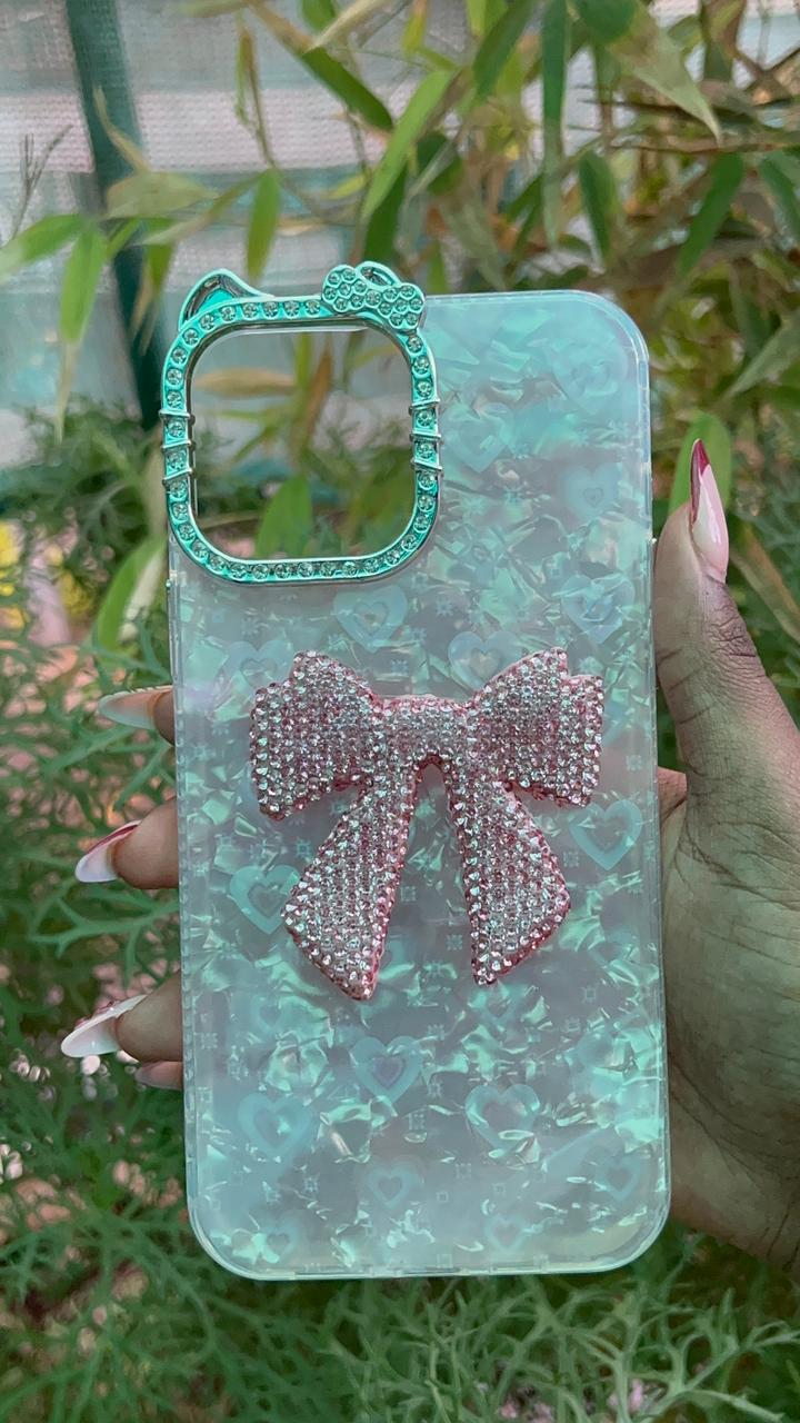 Pink Bow Charm Case – iPhone 13 Pro Max (Iridescent White with Pink Crystal Bow)