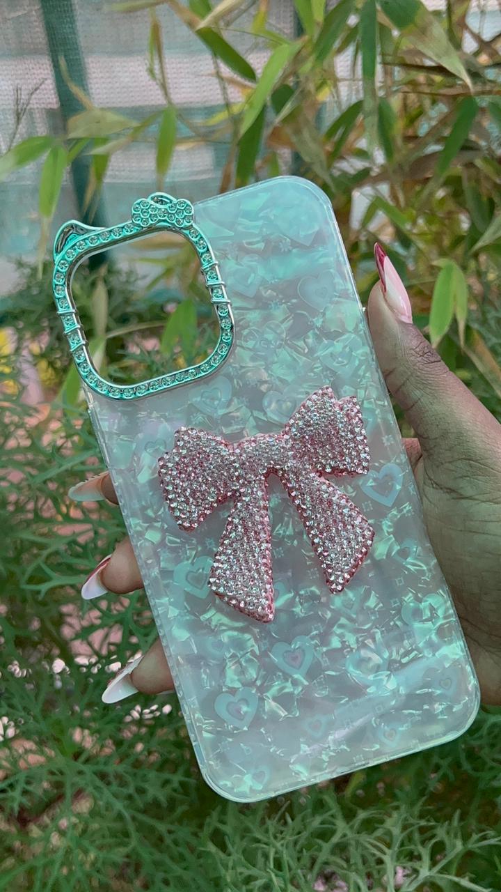 Pink Bow Charm Case – iPhone 13 Pro Max (Iridescent White with Pink Crystal Bow)
