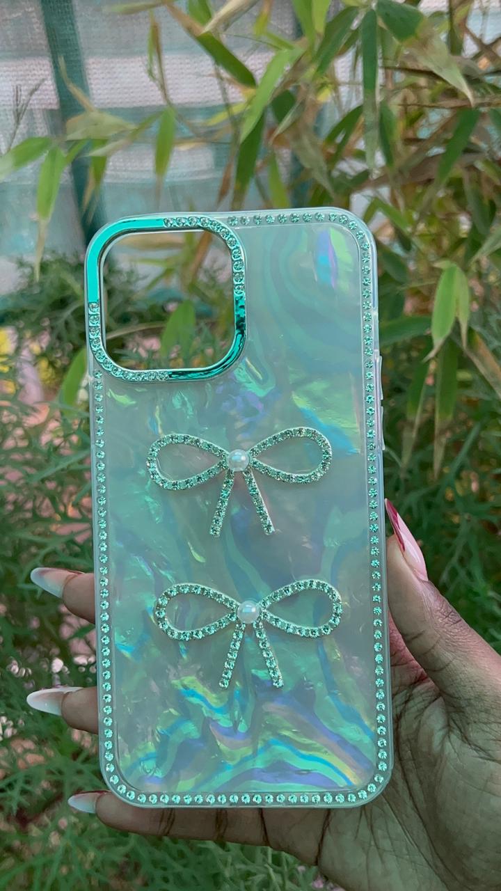 Crystal Twin Bows Case – iPhone 13 Pro Max (Pearl Shine, Dual Diamond Bows)
