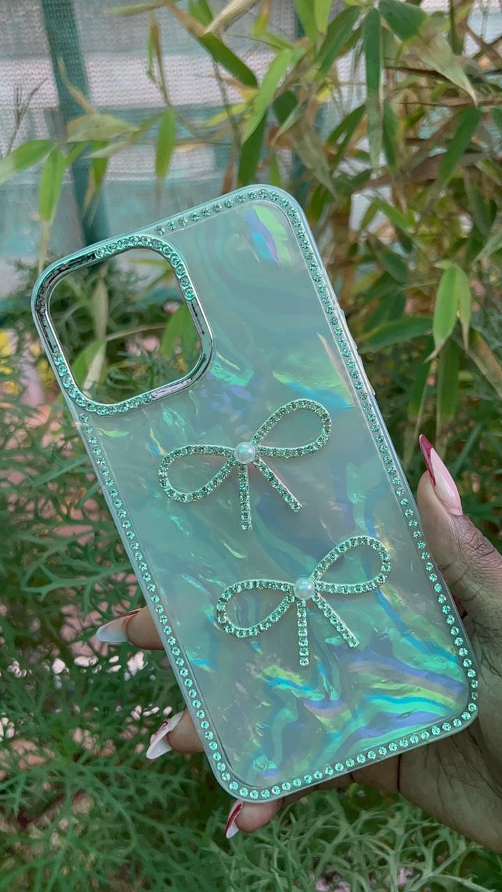 Crystal Twin Bows Case – iPhone 13 Pro Max (Pearl Shine, Dual Diamond Bows)