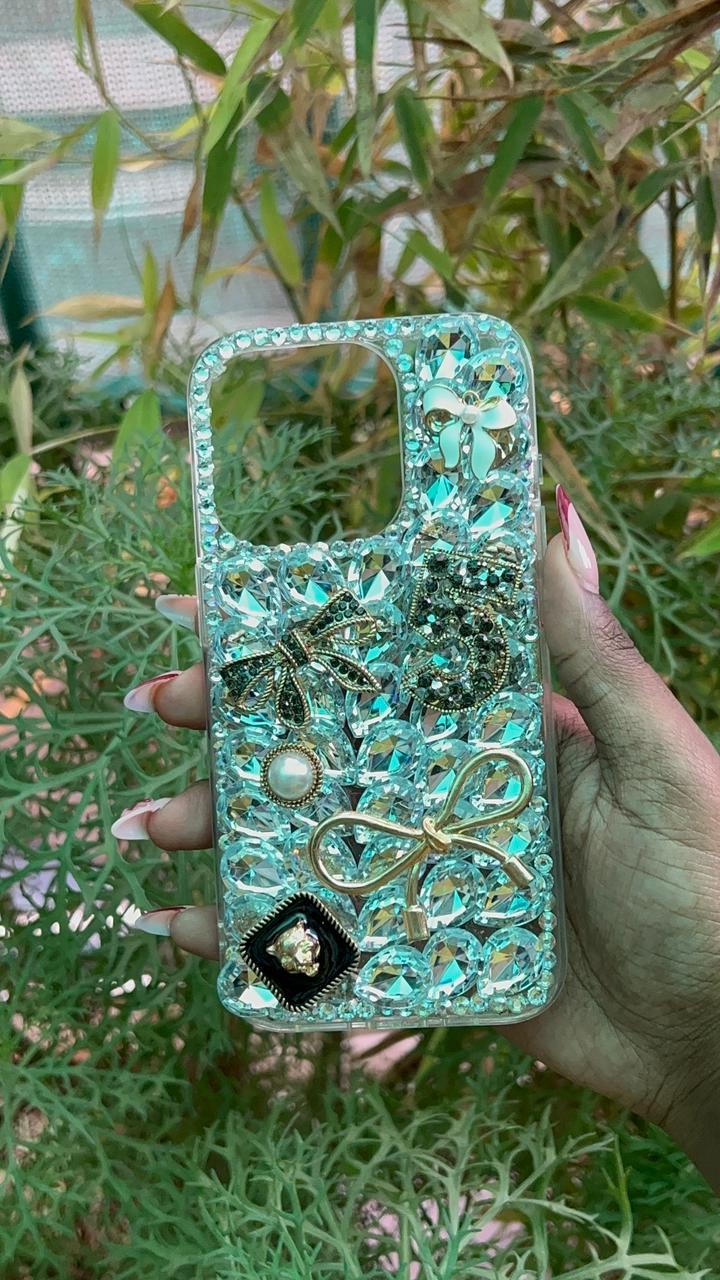 Vintage Charmstone Case – iPhone 15 Pro (Full Rhinestone Background with Mixed Charms)