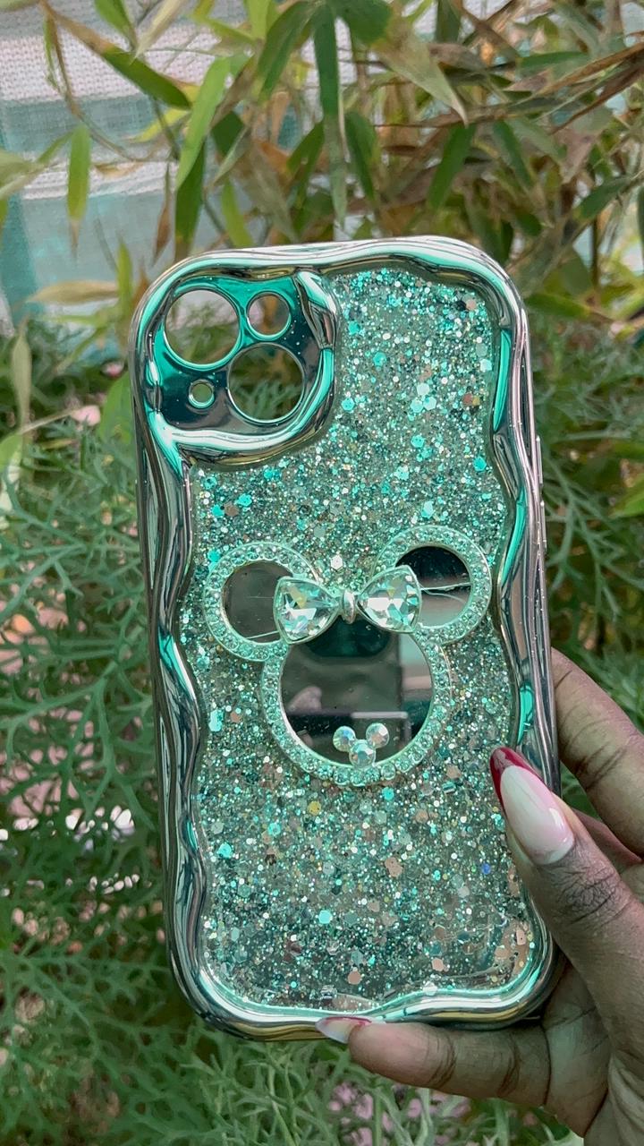 Glitter Bow Glow Case – iPhone 14 / 15 Plus (Gold Gradient with Crystal Bow Ears)