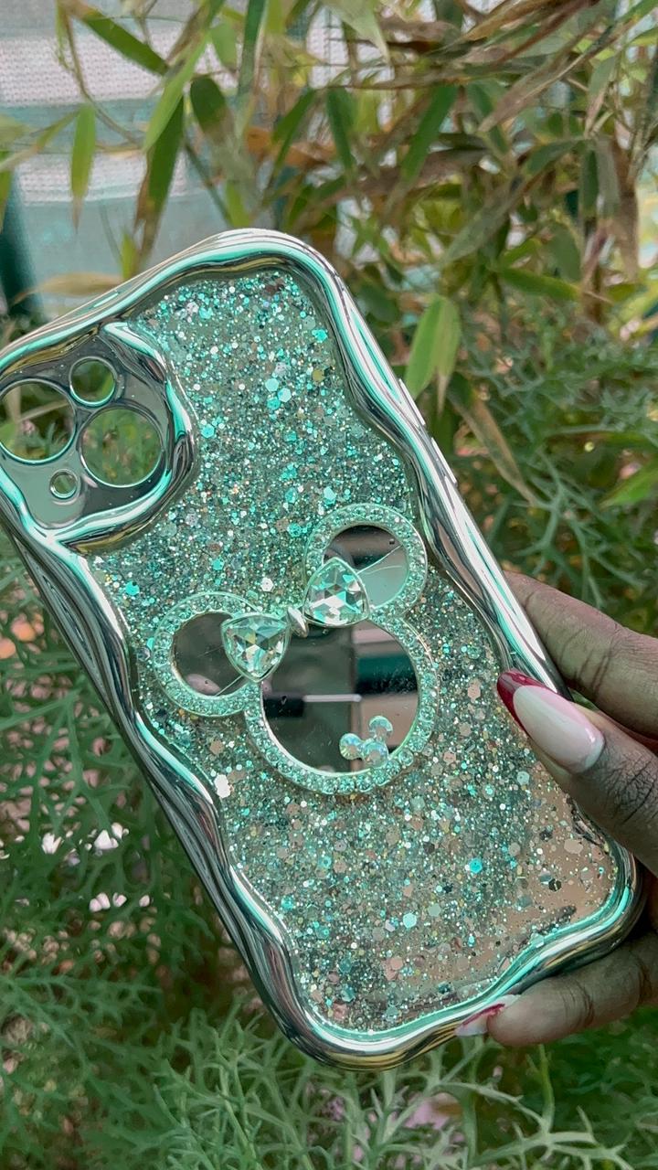 Glitter Bow Glow Case – iPhone 14 / 15 Plus (Gold Gradient with Crystal Bow Ears)