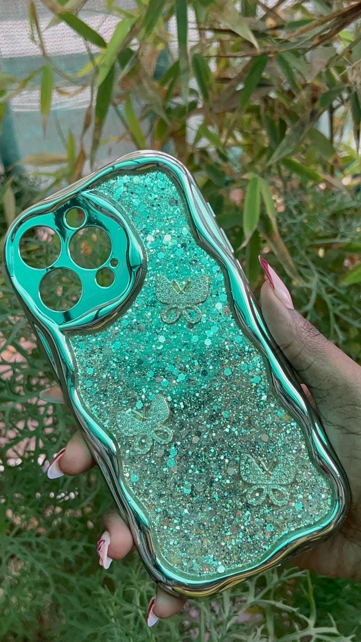 Golden Glitter Butterfly Case – iPhone 15 Pro Max (Gold with Rhinestone Butterflies)