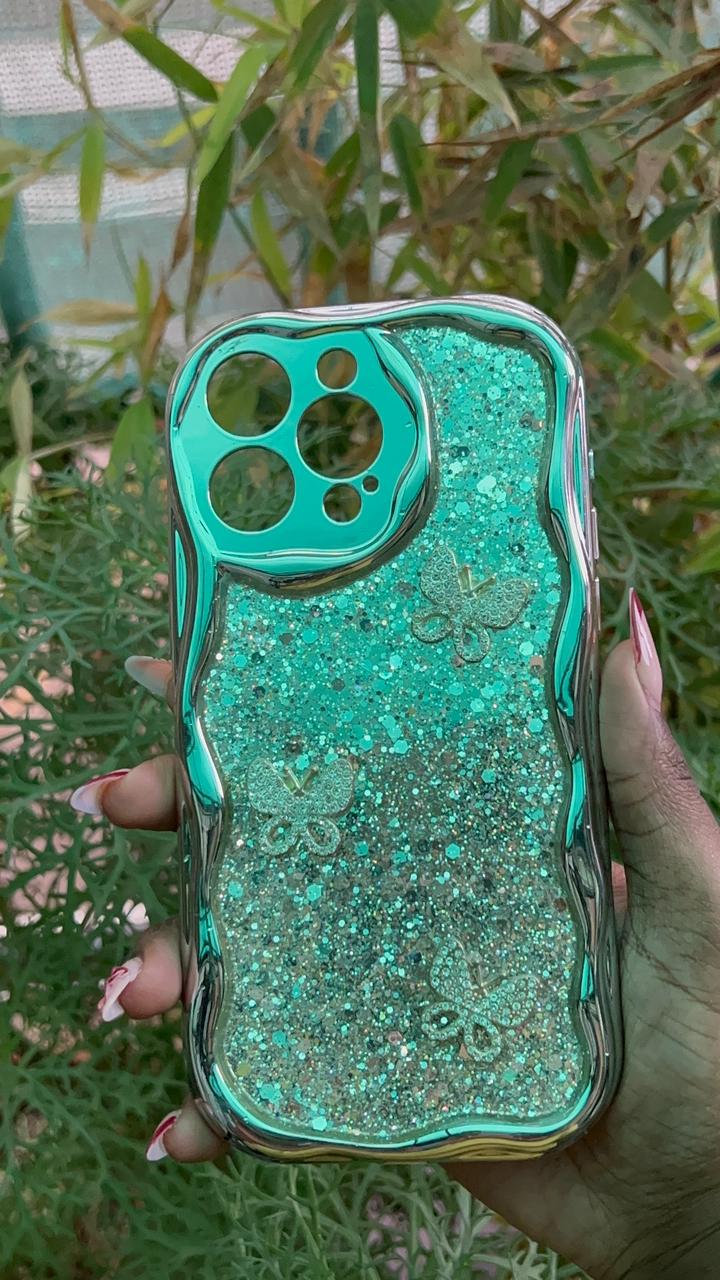 Golden Glitter Butterfly Case – iPhone 15 Pro Max (Gold with Rhinestone Butterflies)