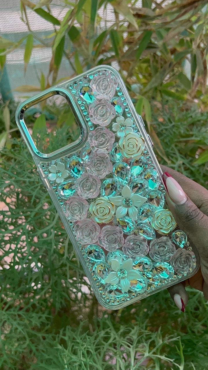 Pink Pearl Radiance Case – iPhone 12 Pro Max (Clear with Gold & Silver Rhinestones)