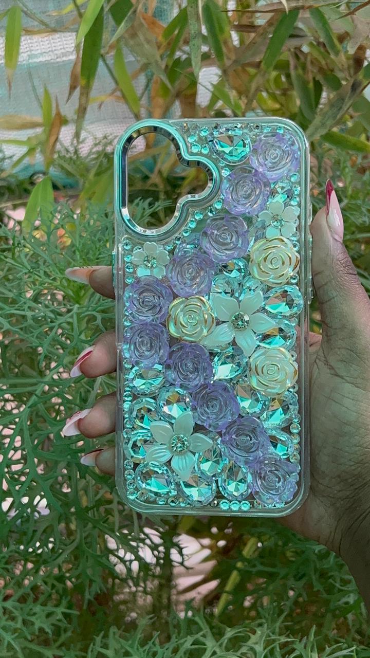 Crystal Bloom Garden Case – iPhone 16 (Purple & Gold Floral with Clear Rhinestones)