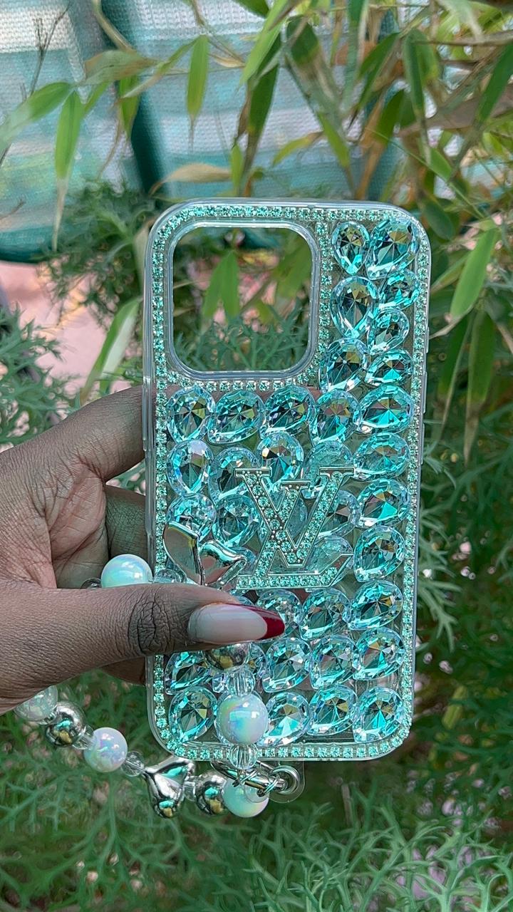 Luxe Crystal Pearl LV Case – iPhone 16 Pro (Gold Beads, Pearls & LV Charms)