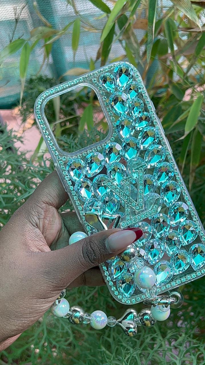 Luxe Crystal Pearl LV Case – iPhone 16 Pro (Gold Beads, Pearls & LV Charms)