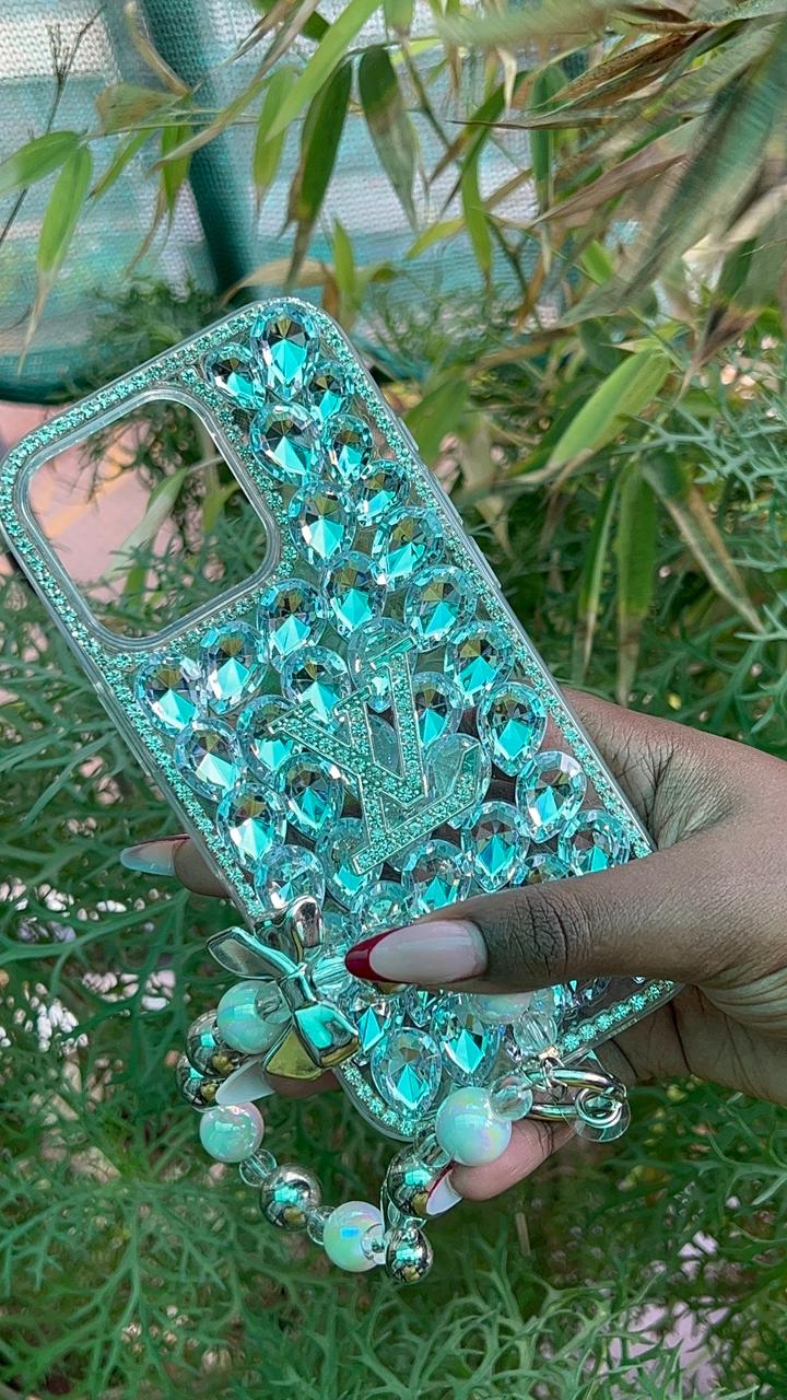 Luxe Crystal Pearl LV Case – iPhone 16 Pro (Gold Beads, Pearls & LV Charms)