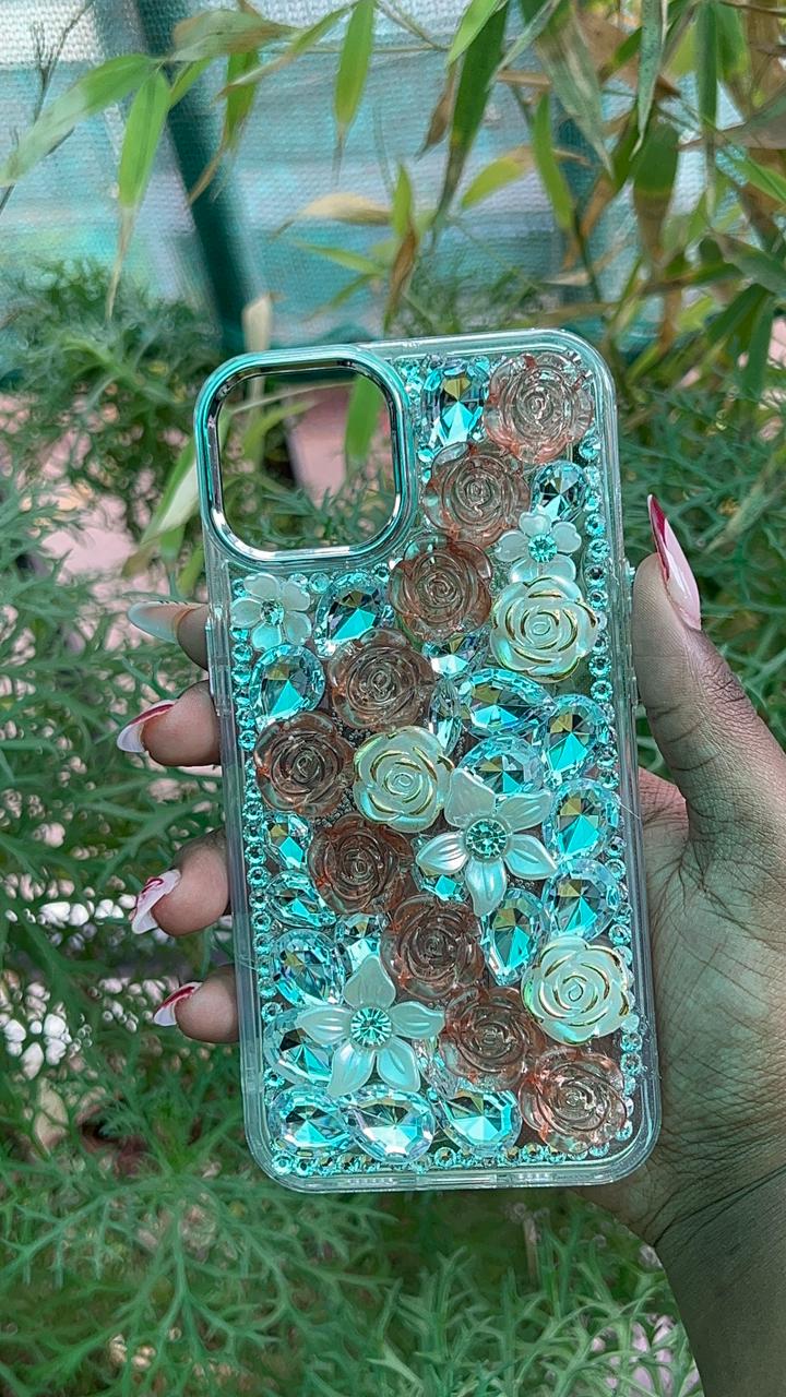 Rose Luxe Crystal Case – iPhone 13 / 14 / 15 (3D Roses with Rhinestone Flowers)