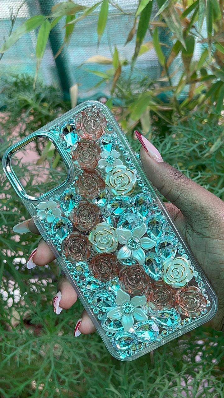 Rose Luxe Crystal Case – iPhone 13 / 14 / 15 (3D Roses with Rhinestone Flowers)