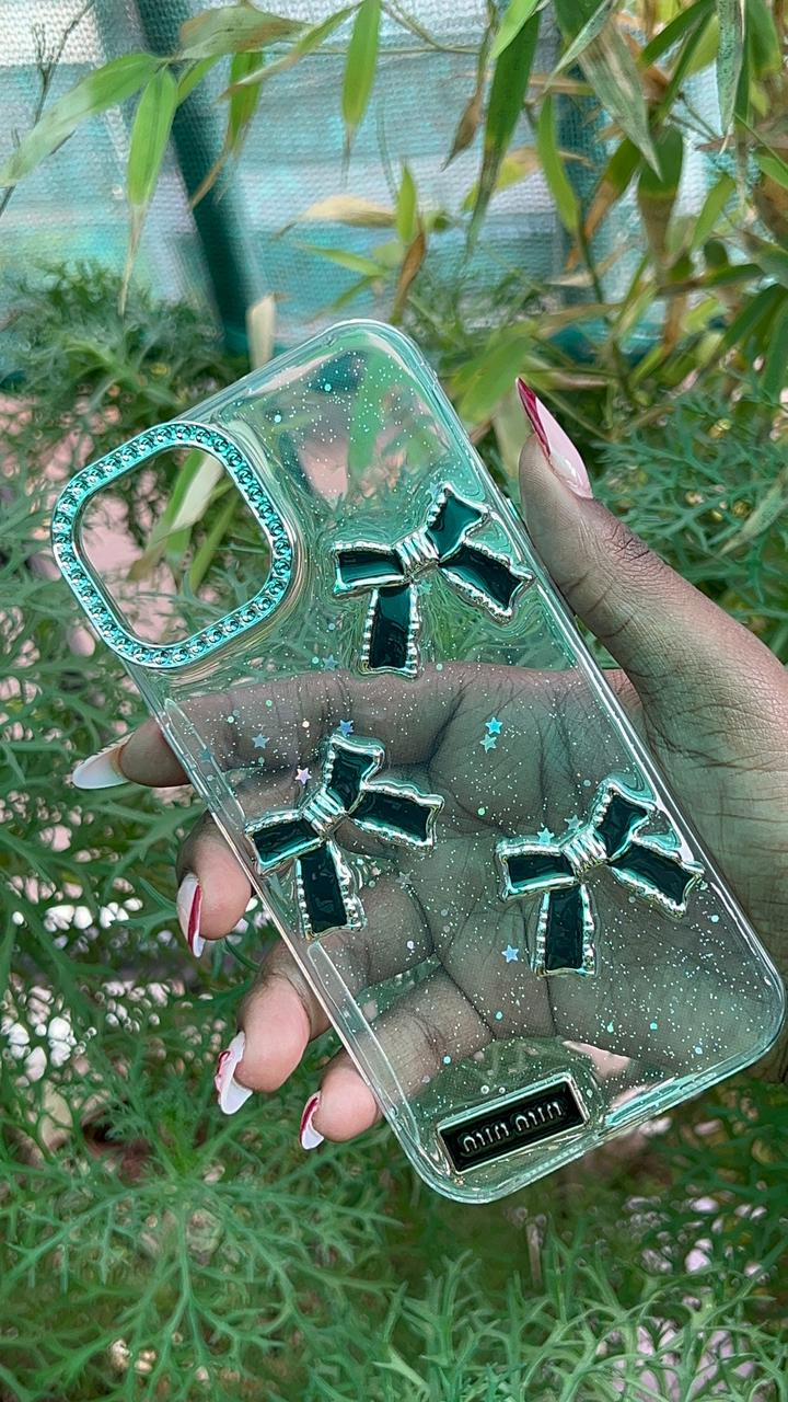 Luxury Ribbon Case – iPhone 13 / 14 / 15 (Black Bows with Rhinestone Lining)