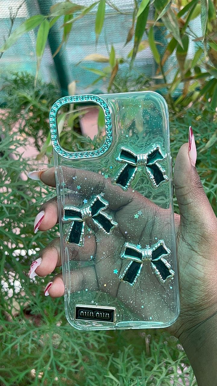 Luxury Ribbon Case – iPhone 13 / 14 / 15 (Black Bows with Rhinestone Lining)