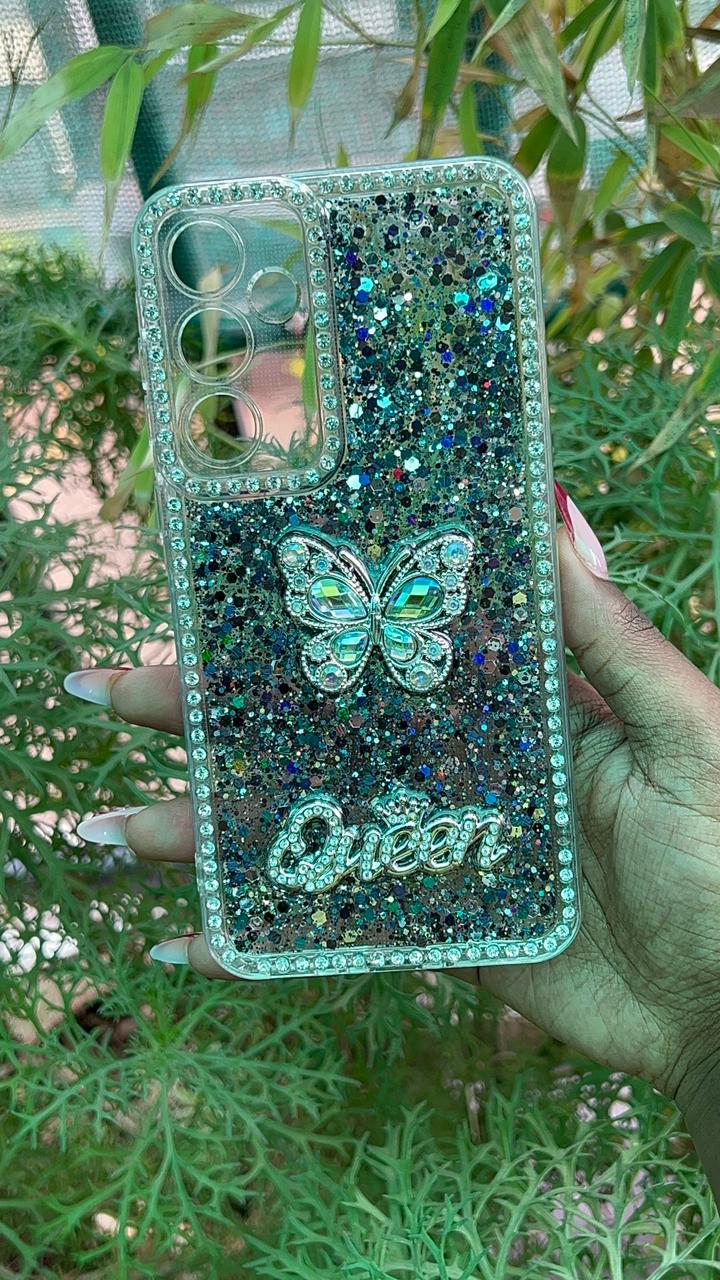 Cosmic Queen Case – Samsung A35 / A55 (Silver Multicolor Glitter with Butterfly Accent)