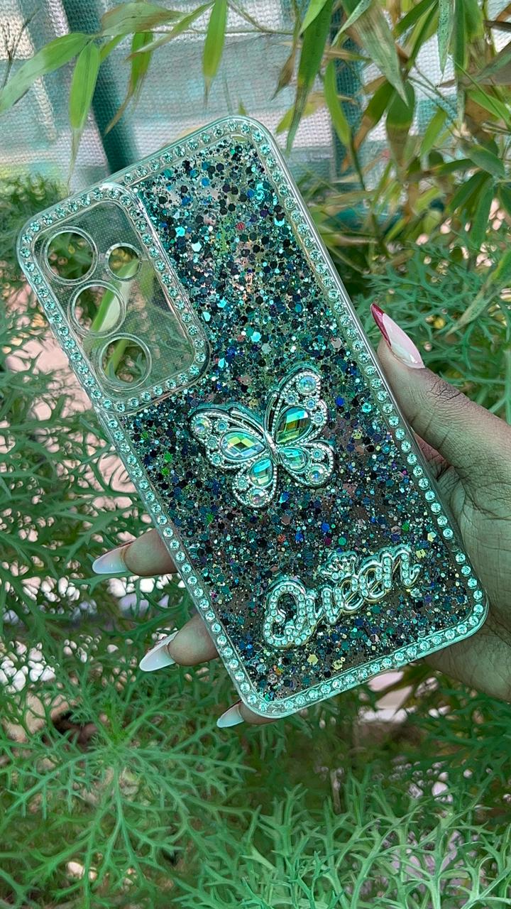 Cosmic Queen Case – Samsung A35 / A55 (Silver Multicolor Glitter with Butterfly Accent)