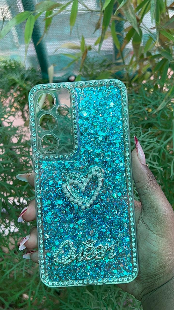 Frost Glow Case – Samsung A35 / A55 (Silver-Blue Glitter with Pearl Heart Accent)