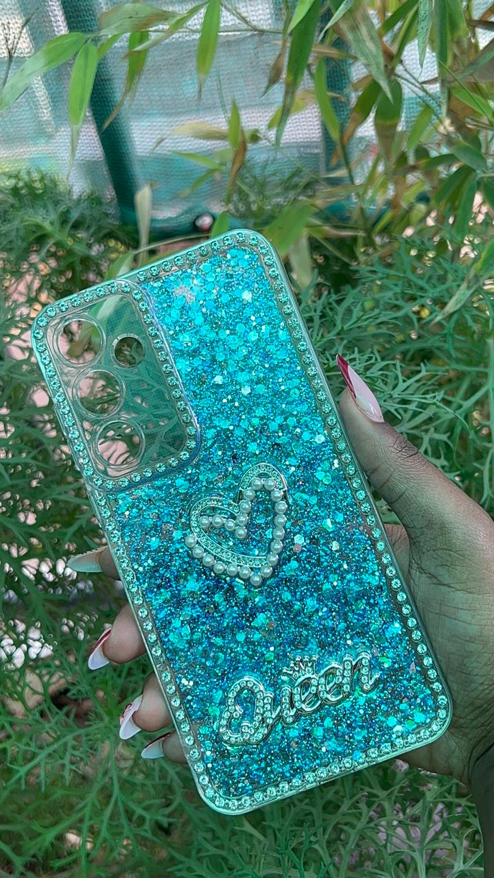 Frost Glow Case – Samsung A35 / A55 (Silver-Blue Glitter with Pearl Heart Accent)