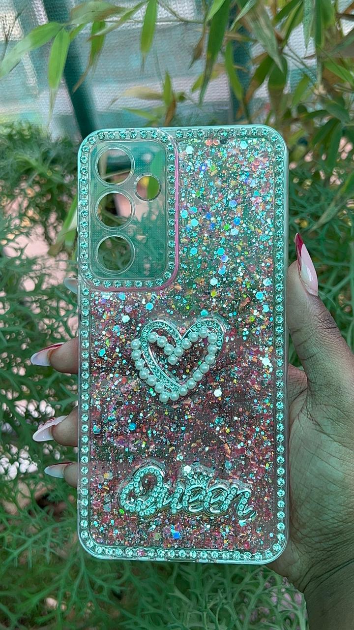 Pink Spark Queen Case – Samsung A35 / A55 (Pink Glitter with Pearl Heart Accent)
