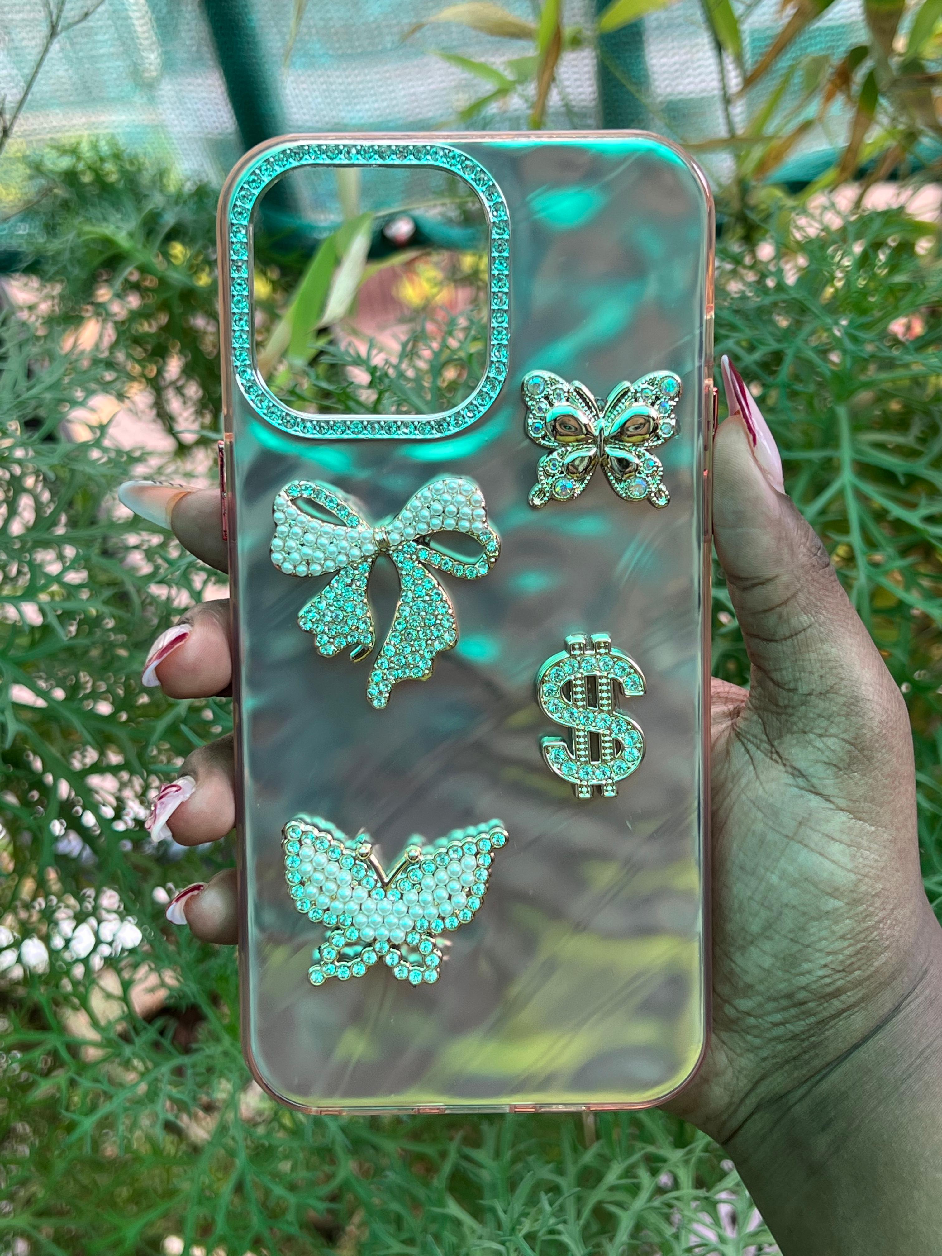 Golden Luxe Case – iPhone 14 Pro Max (Champagne Gold with Pearl & Rhinestone Charms)