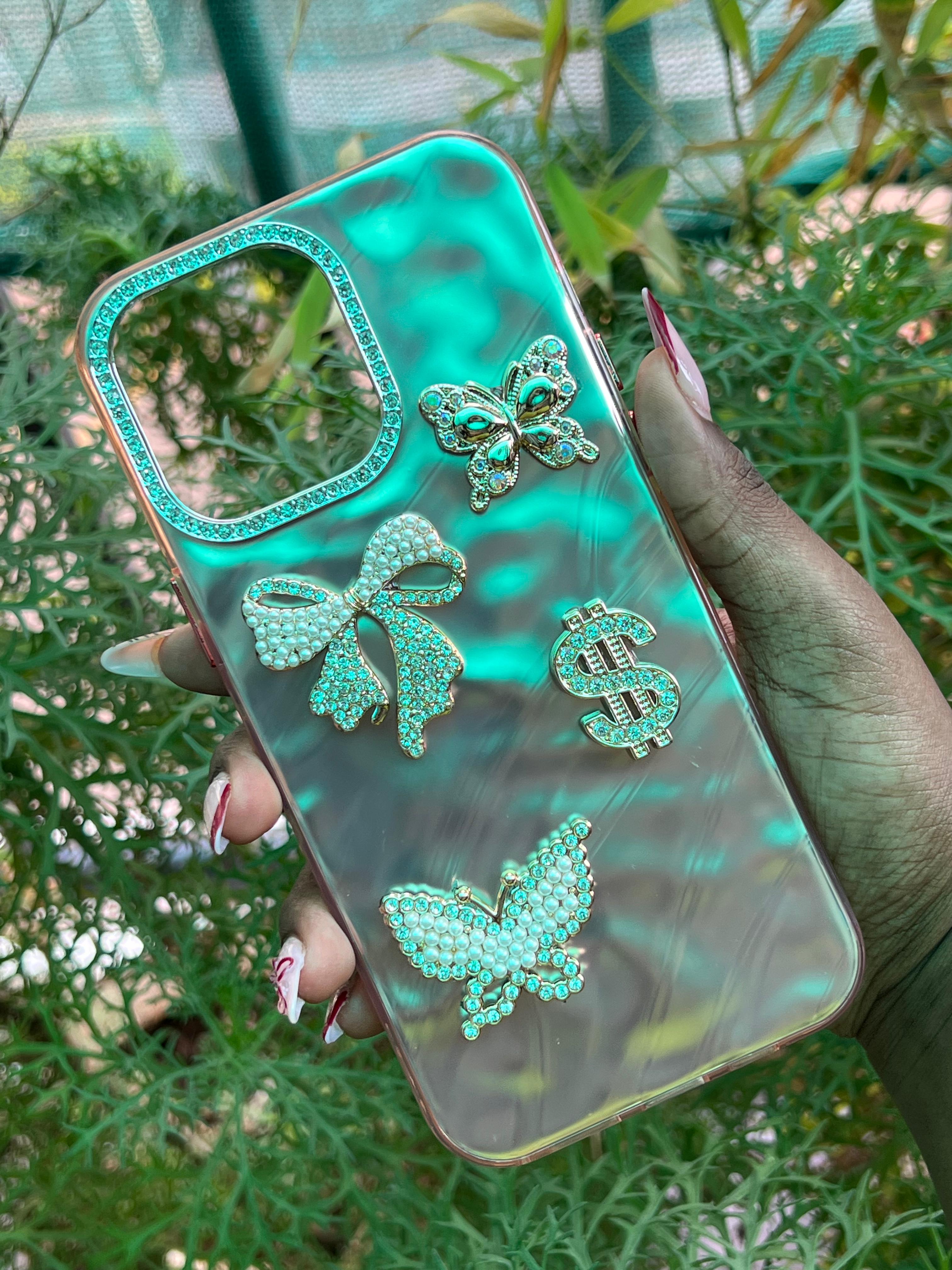 Golden Luxe Case – iPhone 14 Pro Max (Champagne Gold with Pearl & Rhinestone Charms)