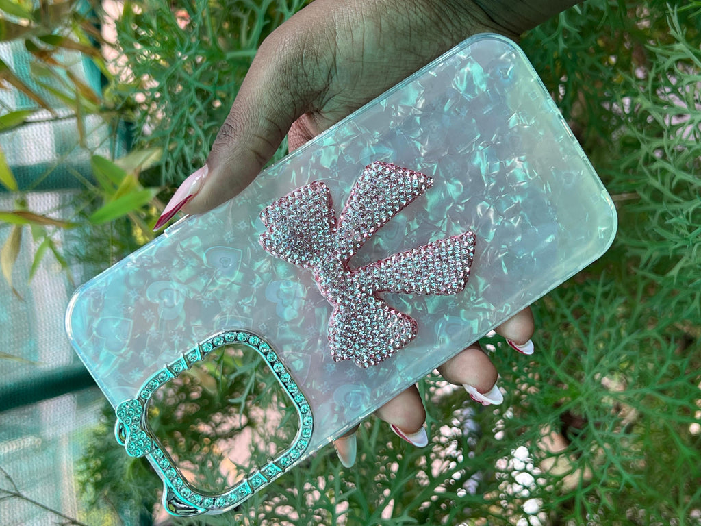 Pink Bow Glam Case – iPhone 14 Pro Max (Glossy Light Pink with Rhinestone Bow)