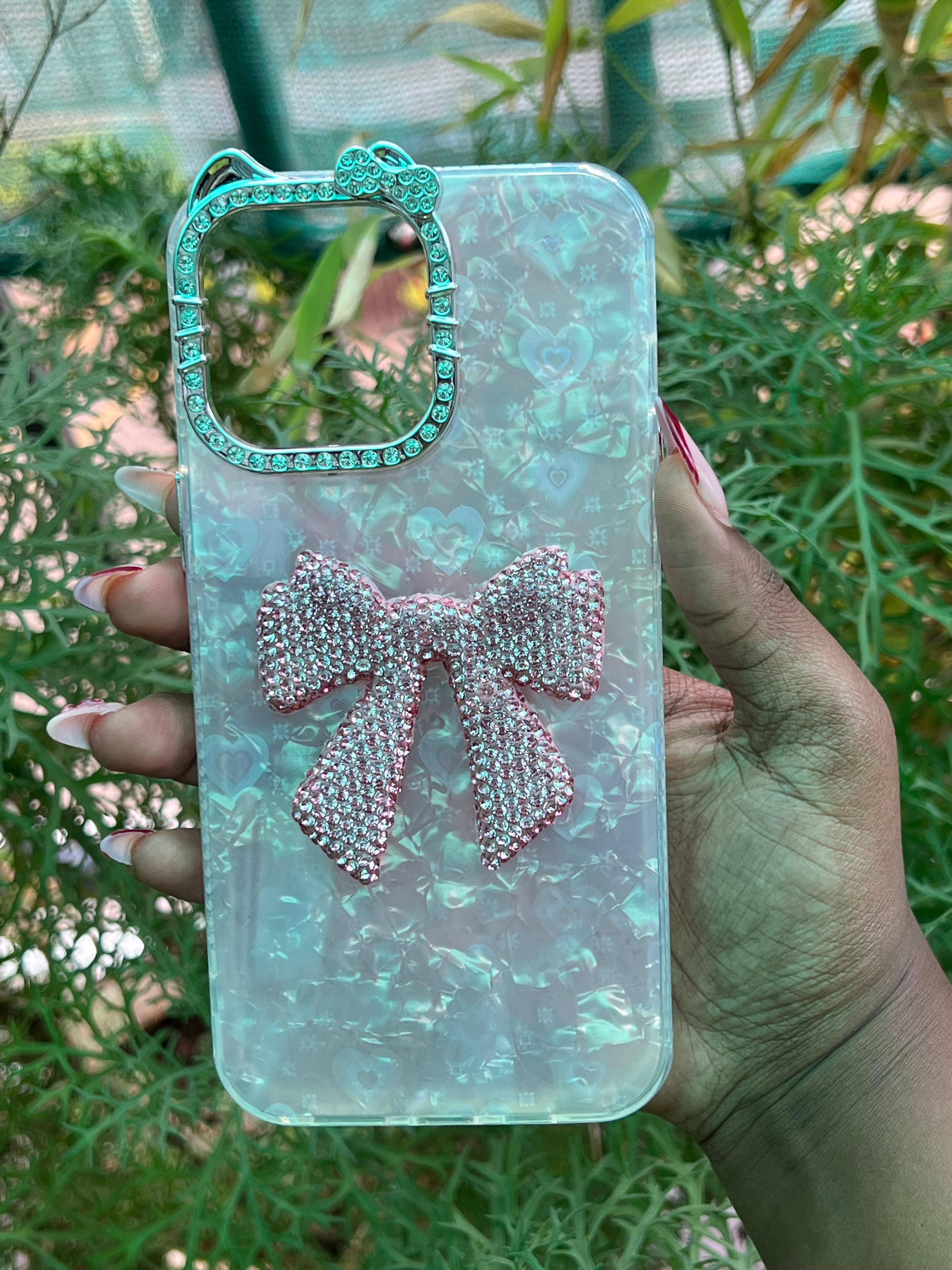 Pink Bow Glam Case – iPhone 14 Pro Max (Glossy Light Pink with Rhinestone Bow)