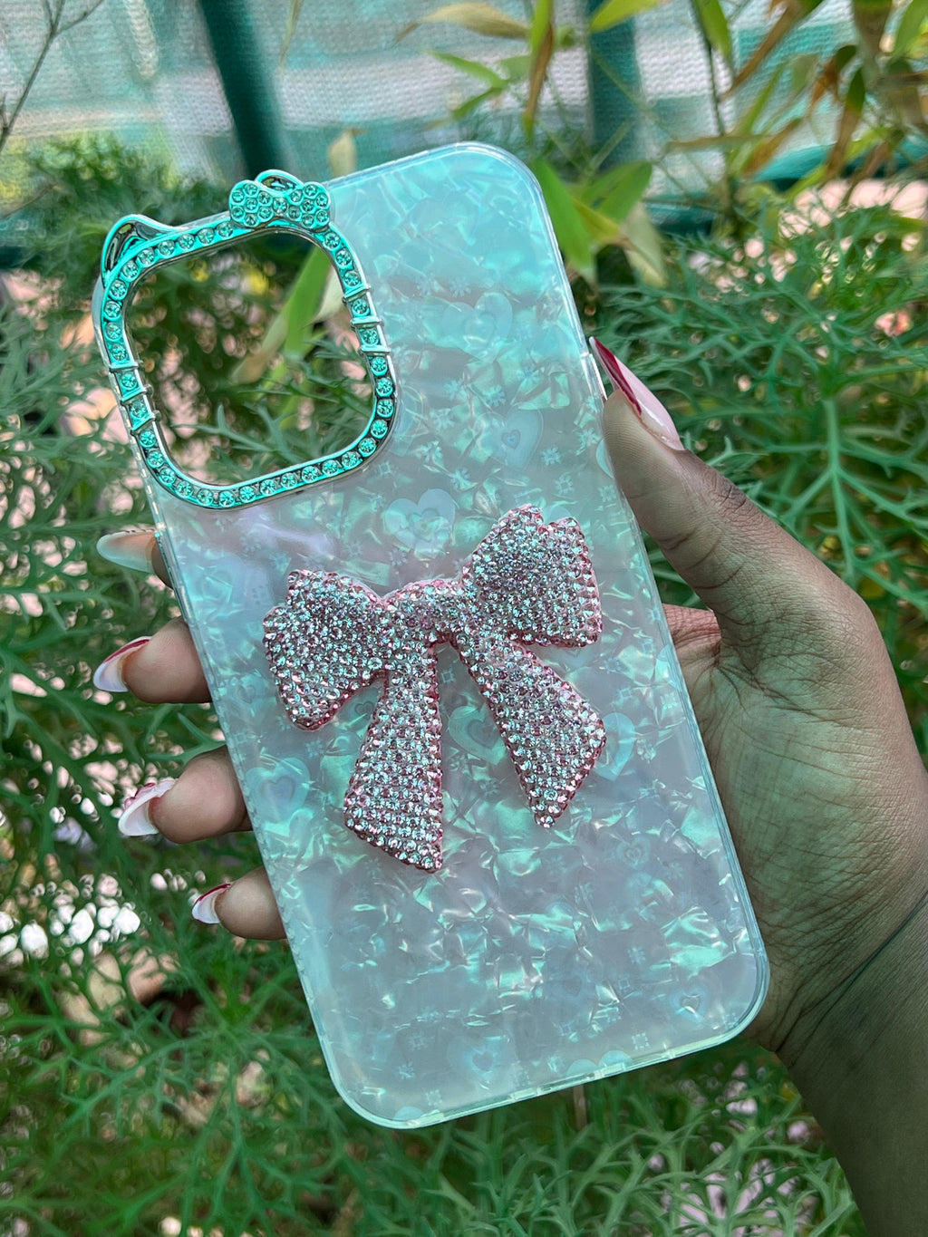 Pink Bow Glam Case – iPhone 14 Pro Max (Glossy Light Pink with Rhinestone Bow)