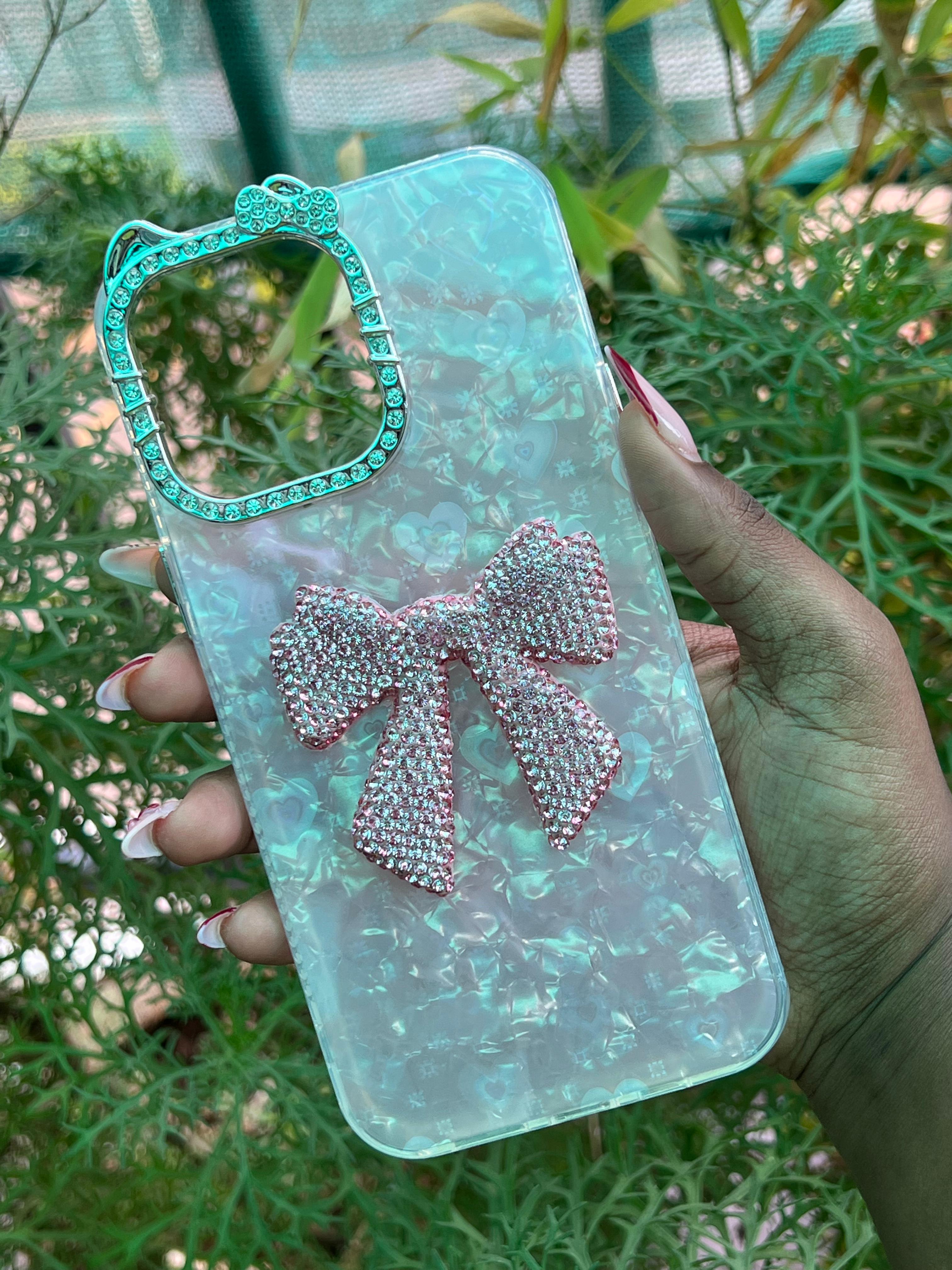 Pink Bow Glam Case – iPhone 14 Pro Max (Glossy Light Pink with Rhinestone Bow)