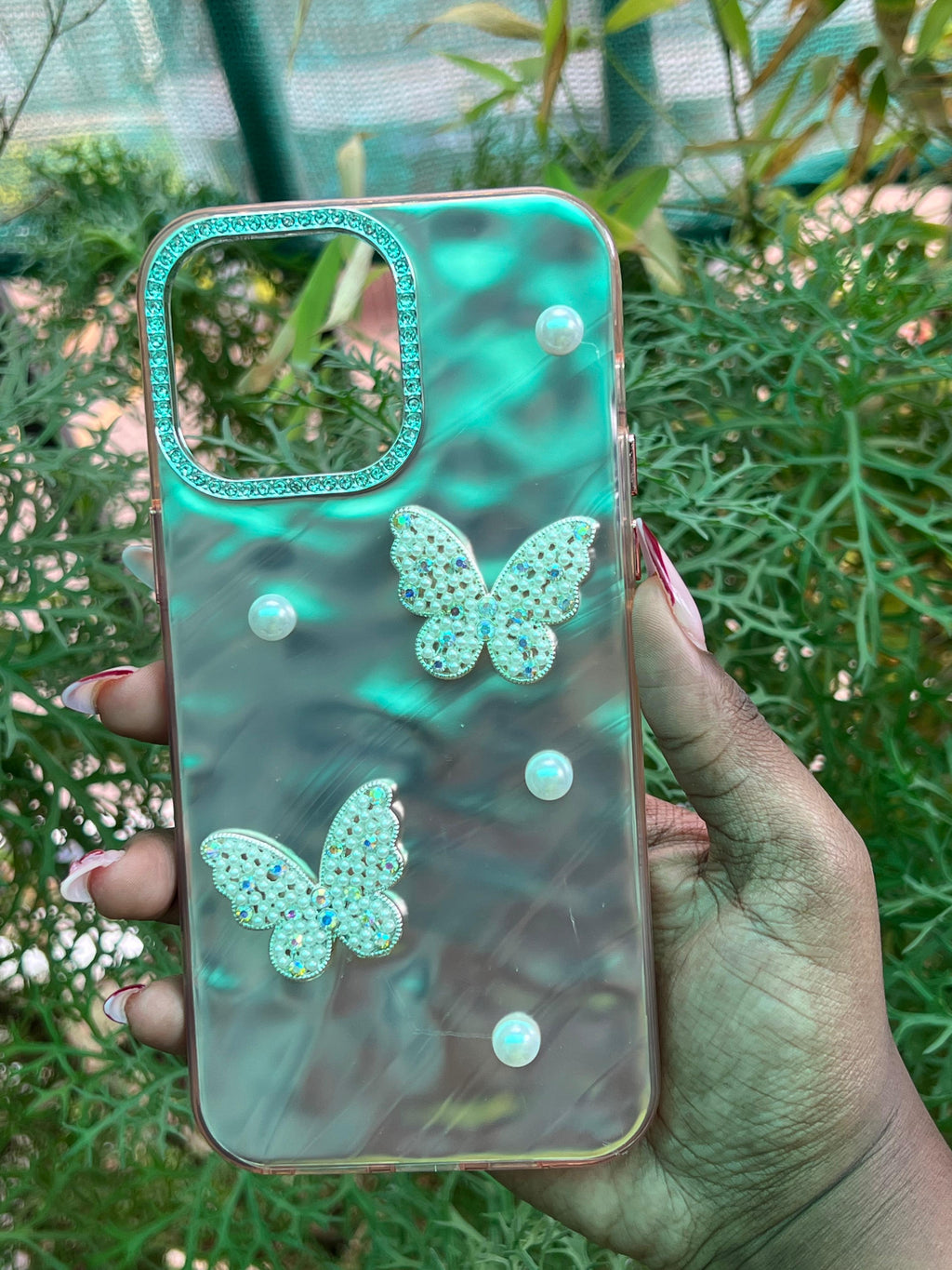 Golden Flutter Case – iPhone 14 Pro Max (Peach-Gold with Pearl & Crystal Accents)