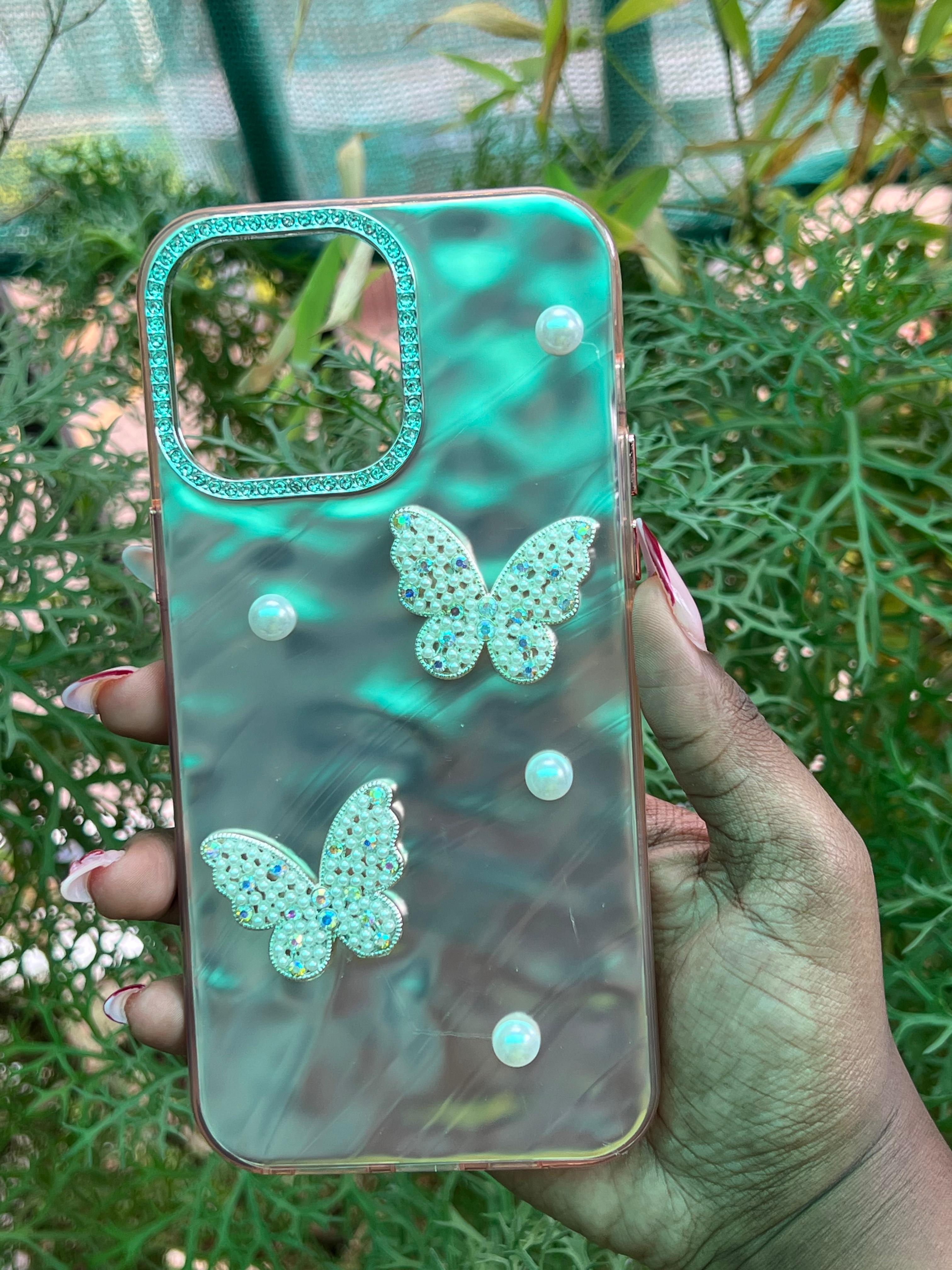 Golden Flutter Case – iPhone 14 Pro Max (Peach-Gold with Pearl & Crystal Accents)