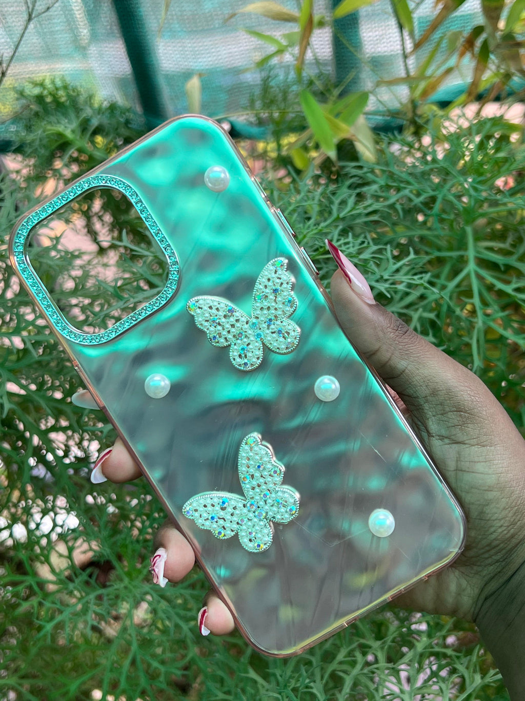 Golden Flutter Case – iPhone 14 Pro Max (Peach-Gold with Pearl & Crystal Accents)