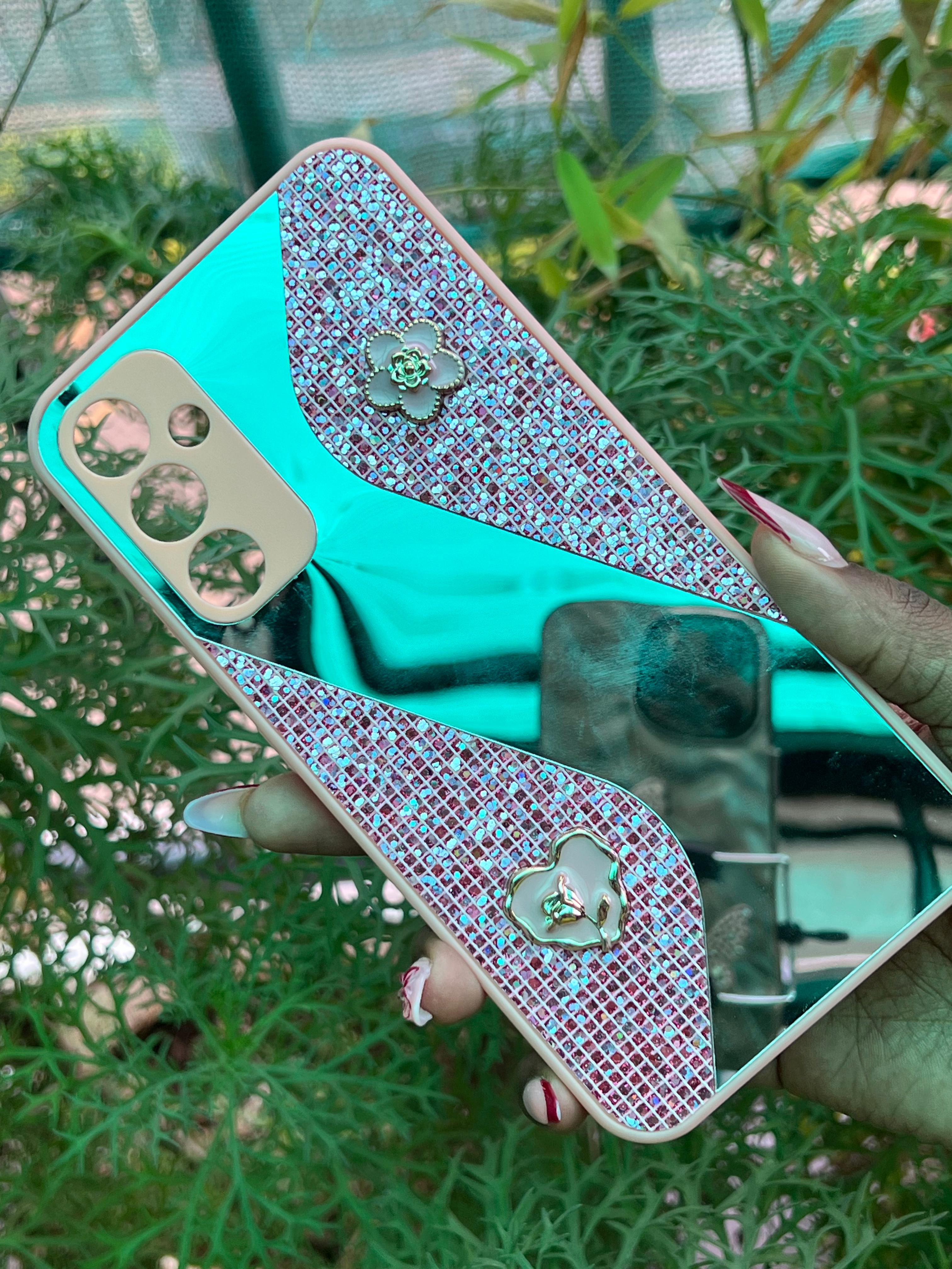 Rose Charm Case – Samsung A34 (Pink Glitter with Floral & Heart Accents)