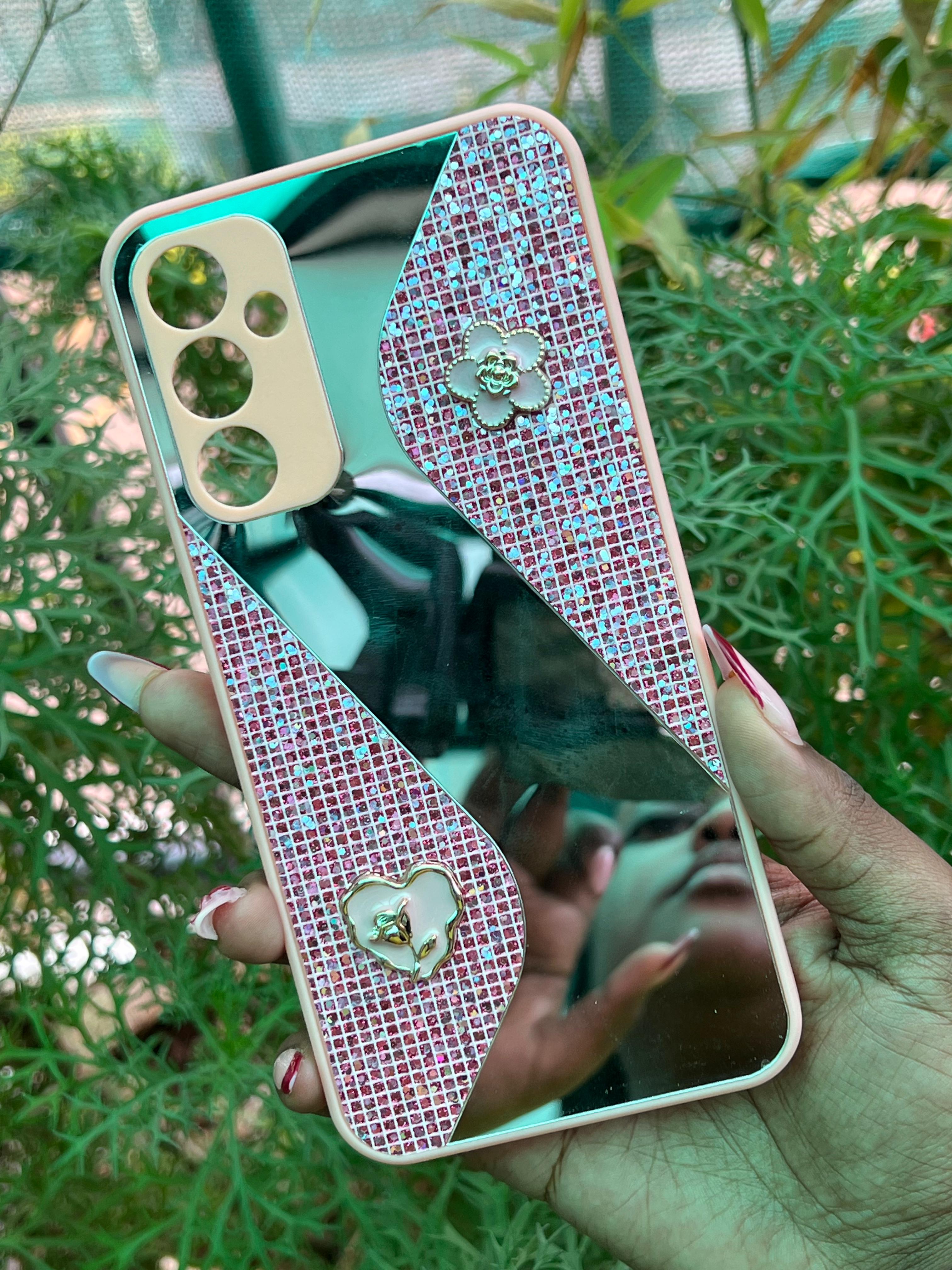 Rose Charm Case – Samsung A34 (Pink Glitter with Floral & Heart Accents)