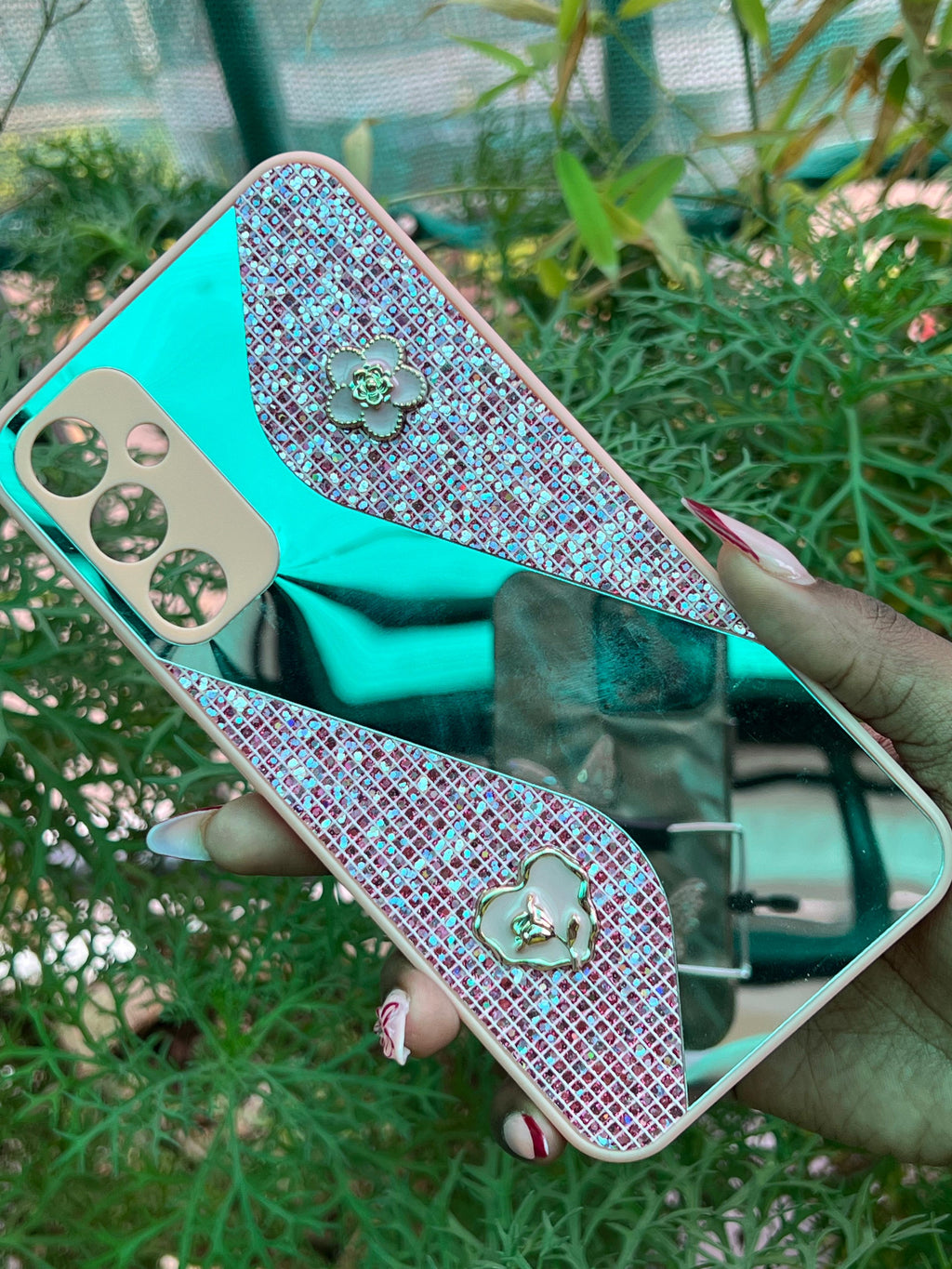 Rose Charm Case – Samsung A34 (Pink Glitter with Floral & Heart Accents)