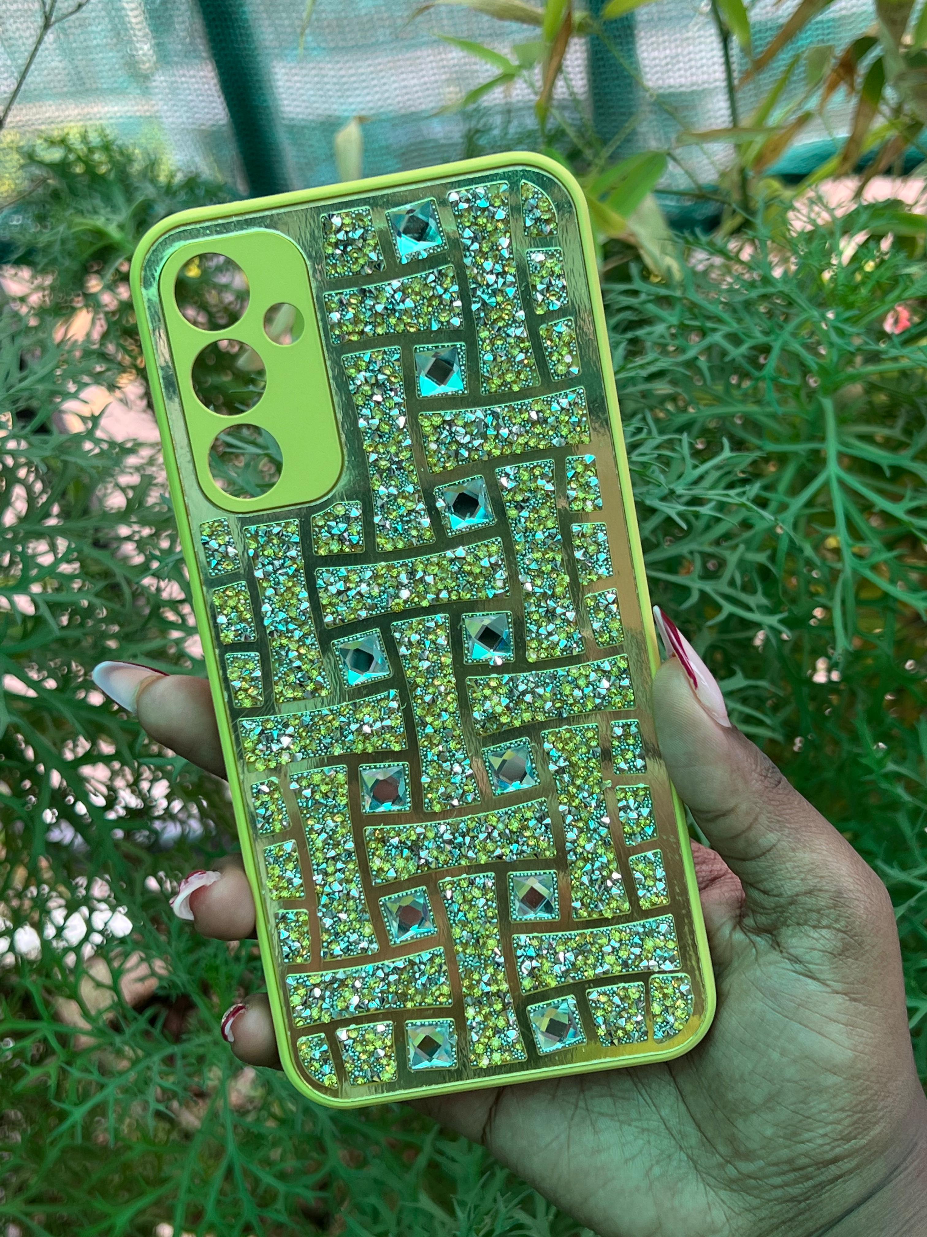 Luxe Geometry Case – Samsung A34 (Gold Base with Crystal Grid Pattern)