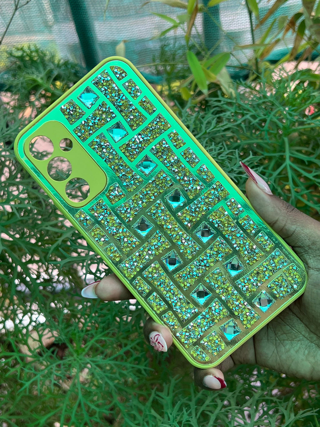 Luxe Geometry Case – Samsung A34 (Gold Base with Crystal Grid Pattern)