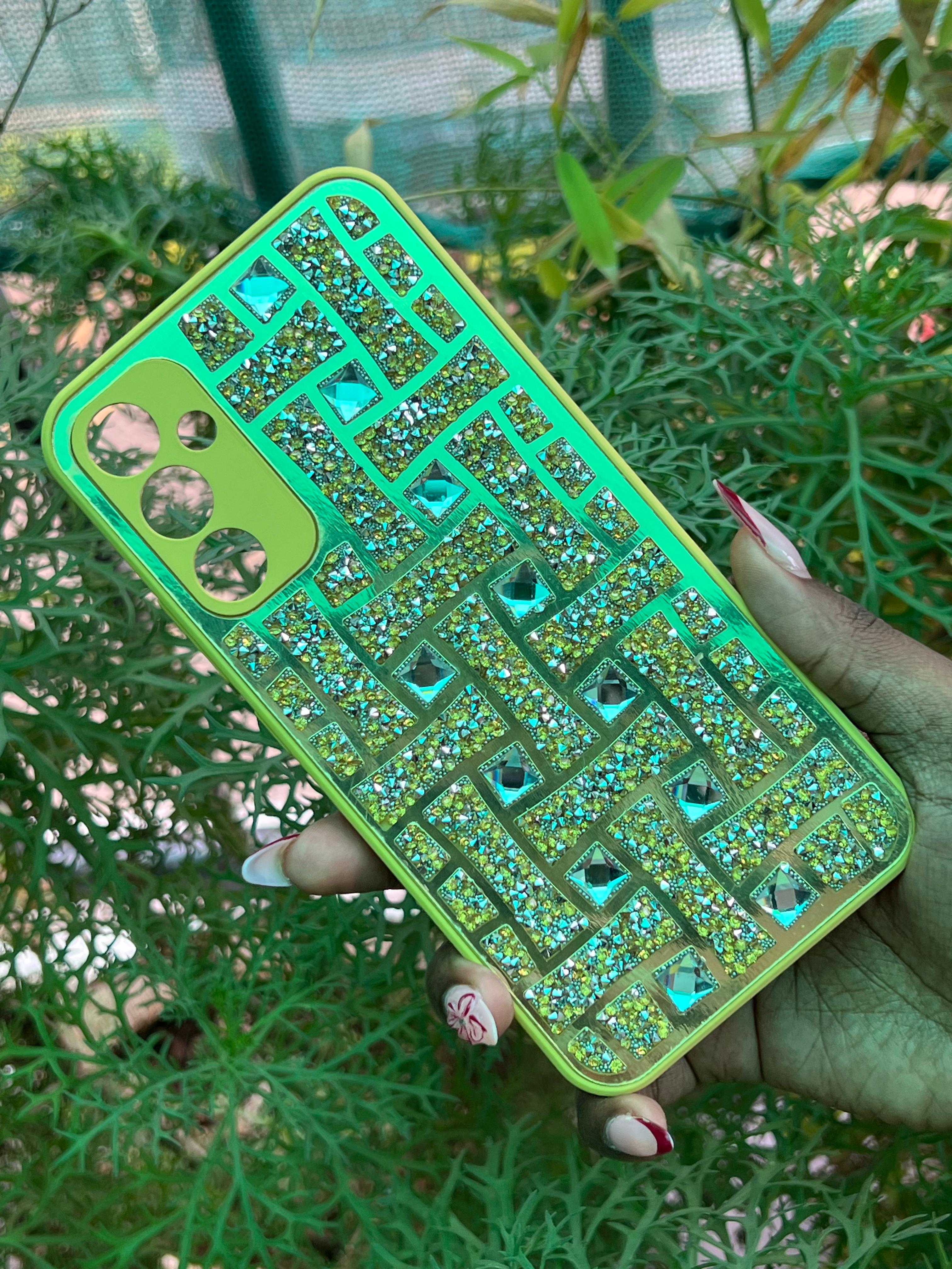 Luxe Geometry Case – Samsung A34 (Gold Base with Crystal Grid Pattern)