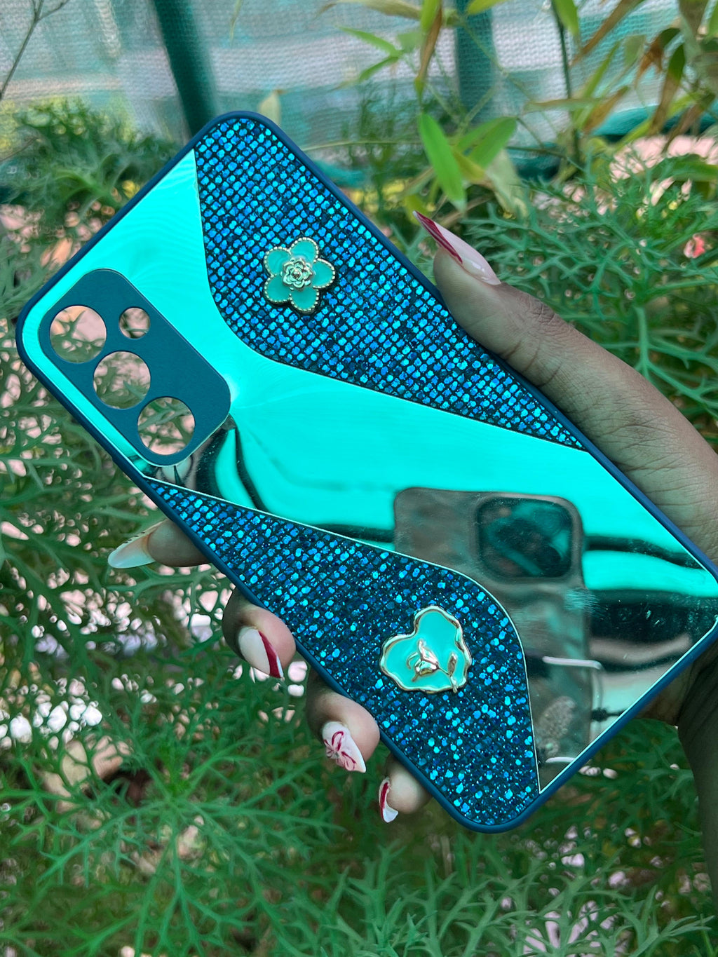 Emerald Heart Case – Samsung A34 (Navy Glitter with Mint-Gold Floral Accents)