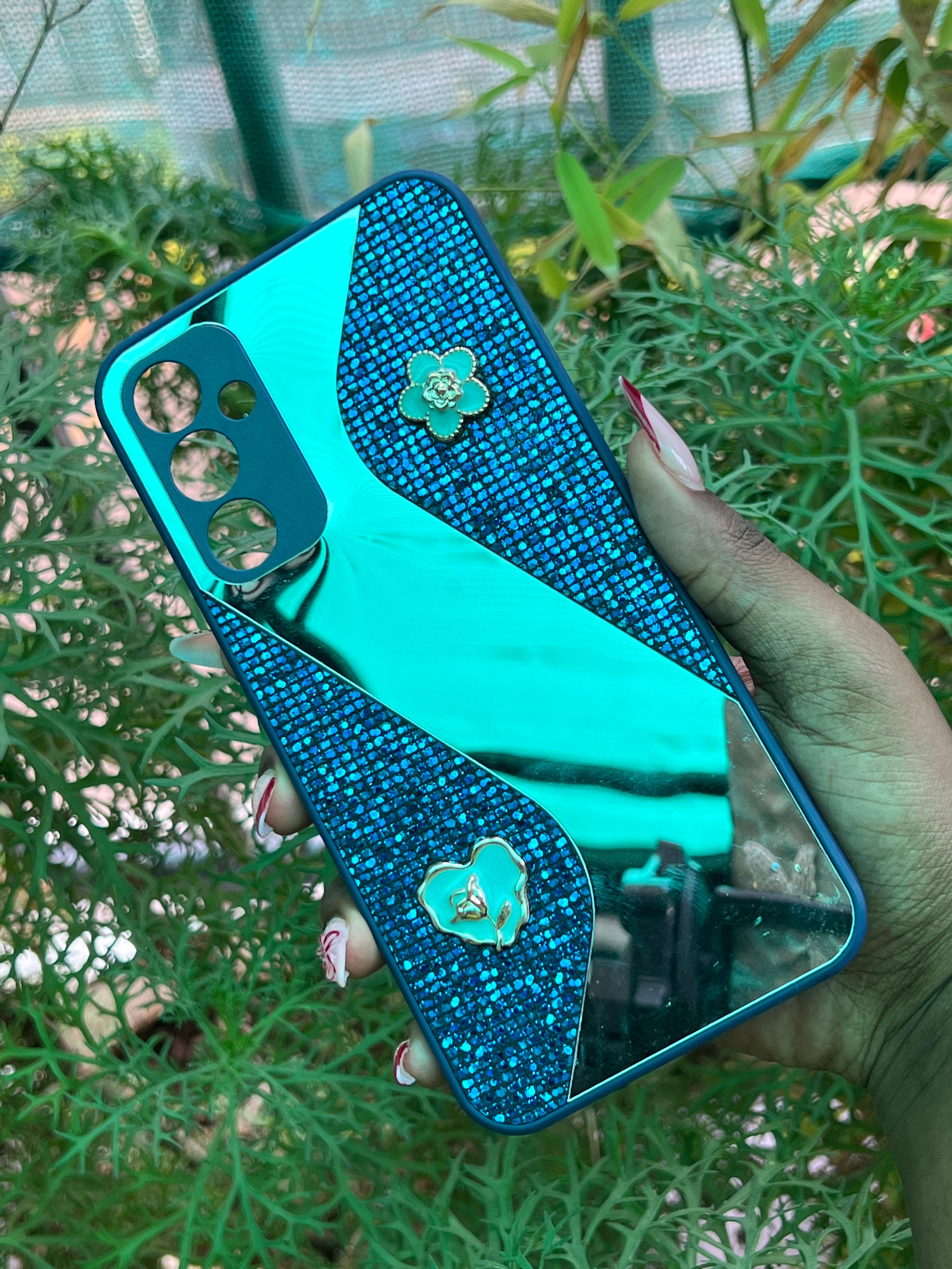 Emerald Heart Case – Samsung A34 (Navy Glitter with Mint-Gold Floral Accents)
