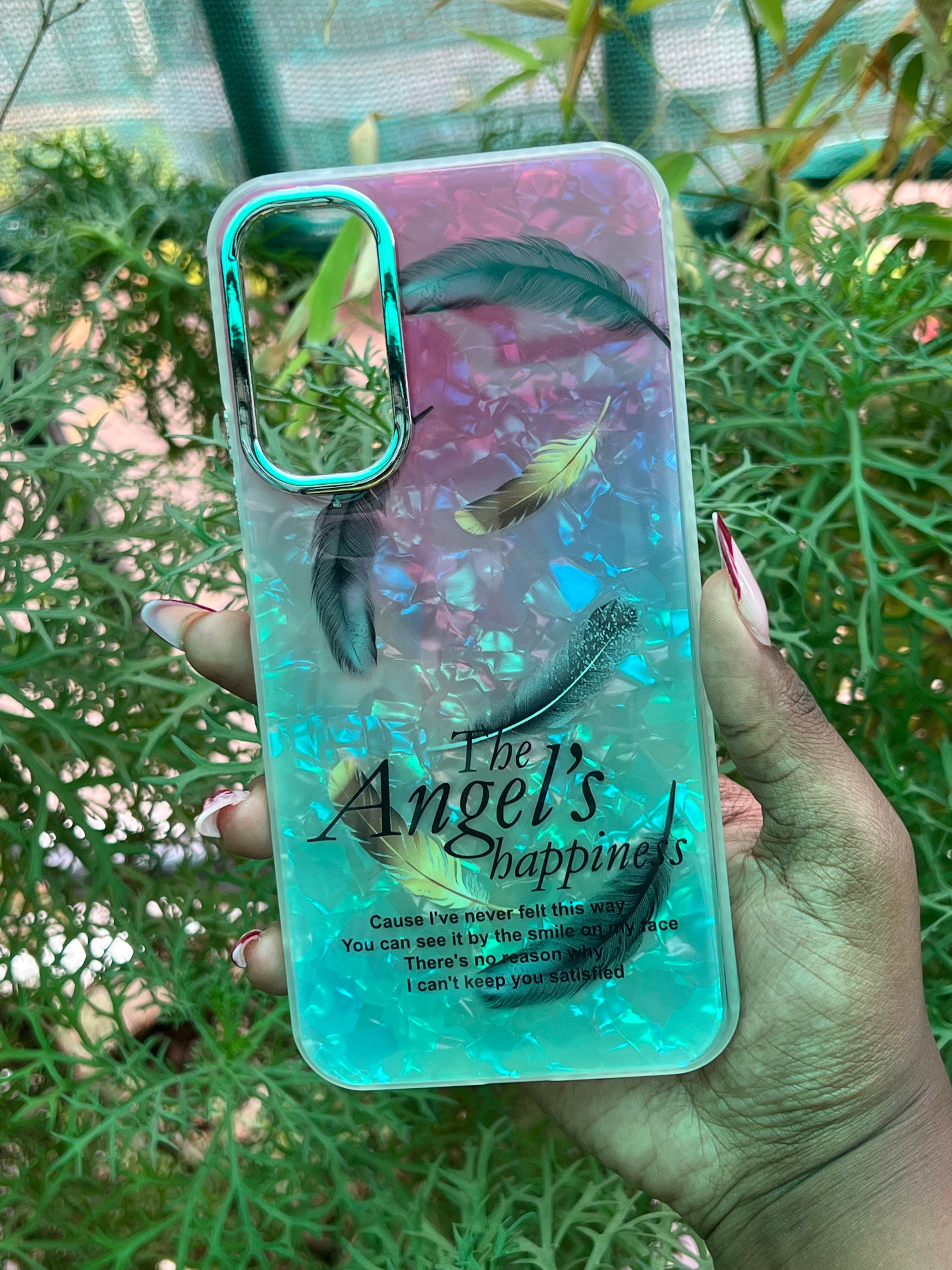 Ethereal Feather Case – Samsung A34 (Pink-Aqua Gradient with Feather Print)