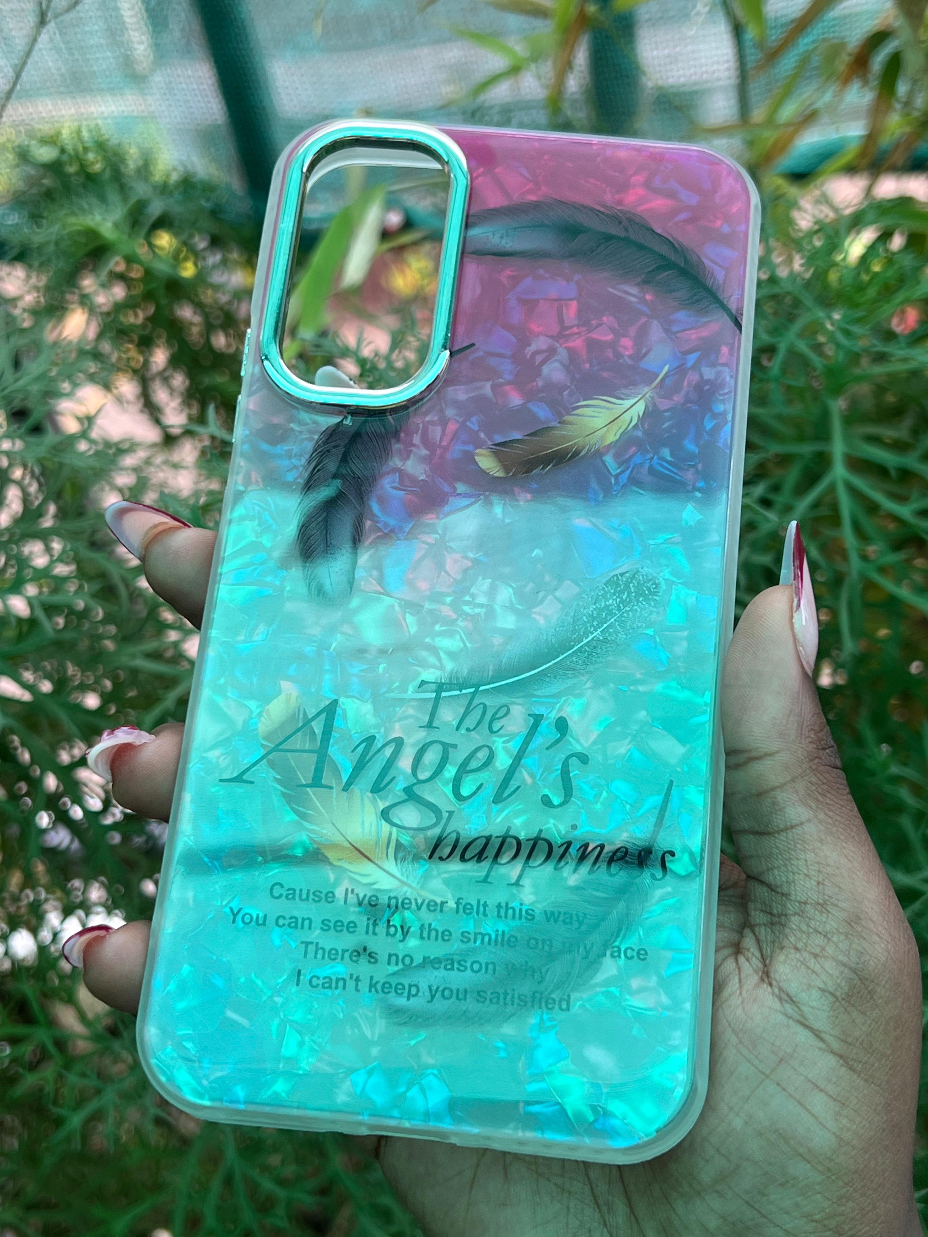 Ethereal Feather Case – Samsung A34 (Pink-Aqua Gradient with Feather Print)