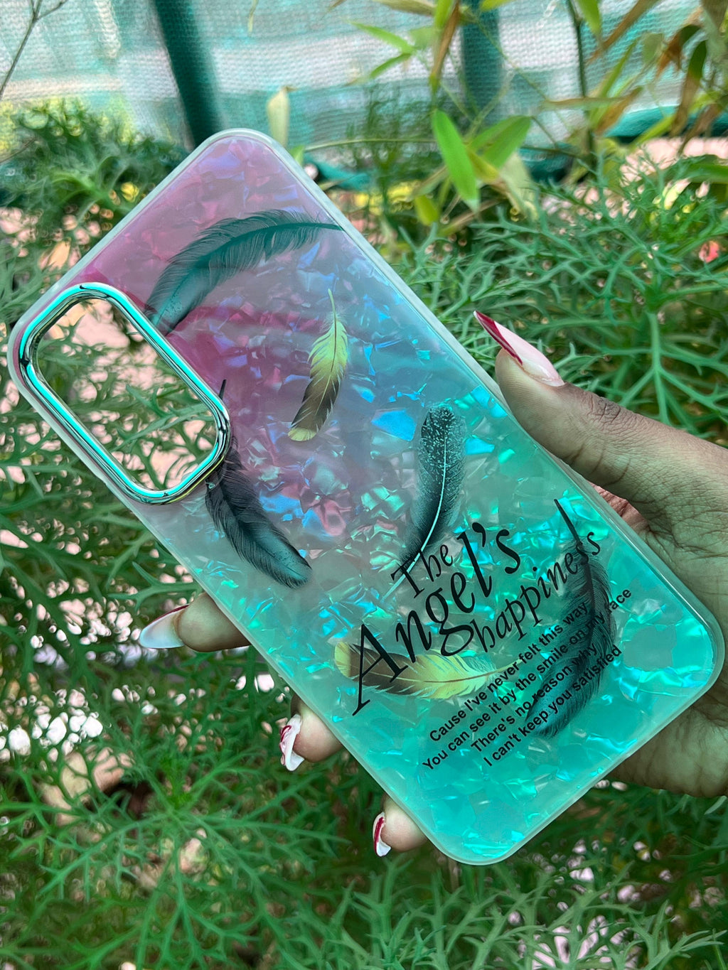 Ethereal Feather Case – Samsung A34 (Pink-Aqua Gradient with Feather Print)